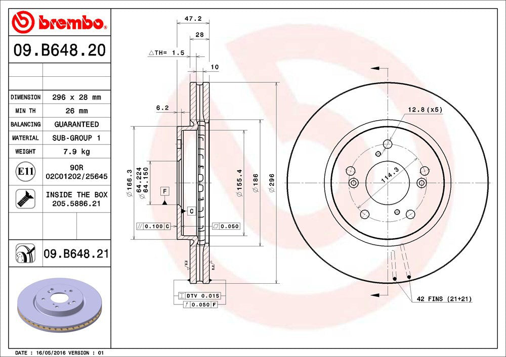 09.B648.21 Front Brake Disc, Plain Surface, Vented, 5 Lugs, 296 mm, Premium UV Coated Series