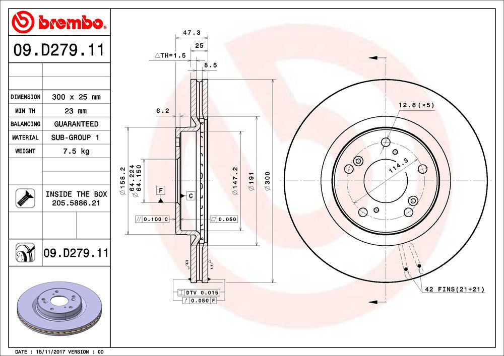 09.D279.11 Front Brake Disc, Plain Surface, Vented, 5 Lugs, 300 mm, 2.4L, 4Cyl, Premium UV Coated Series