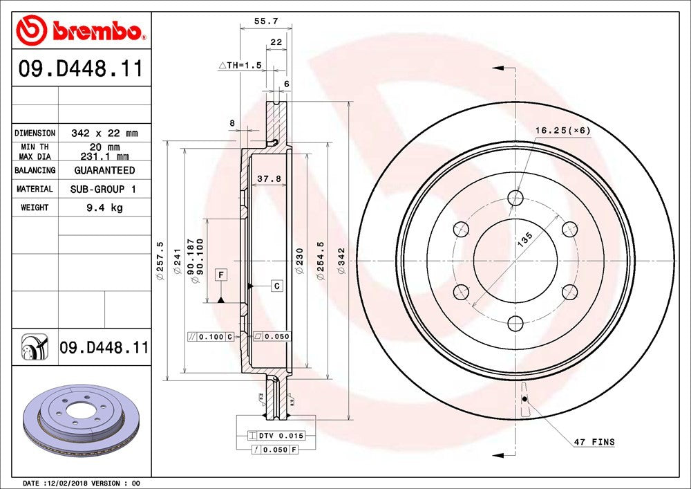 09.D448.11 Rear Brake Disc, Plain Surface, Vented, 6 Lugs, 342 mm, Premium UV Coated Series