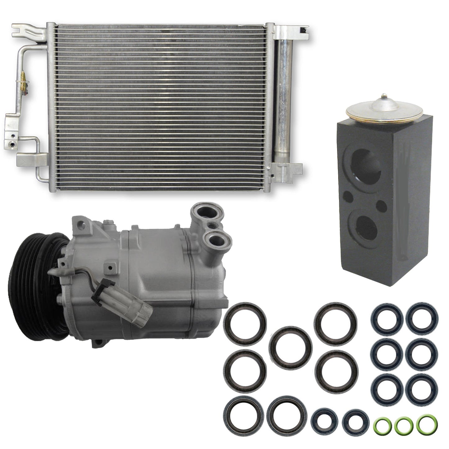 9641482B 4-Piece Kit A/C Compressor, With Clutch, 5-Groove Pulley, Includes (1) A/C Compressor, (1) A/C Expansion Valve, (1) A/C O-Ring and Gasket Seal Kit and (1) A/C Condenser