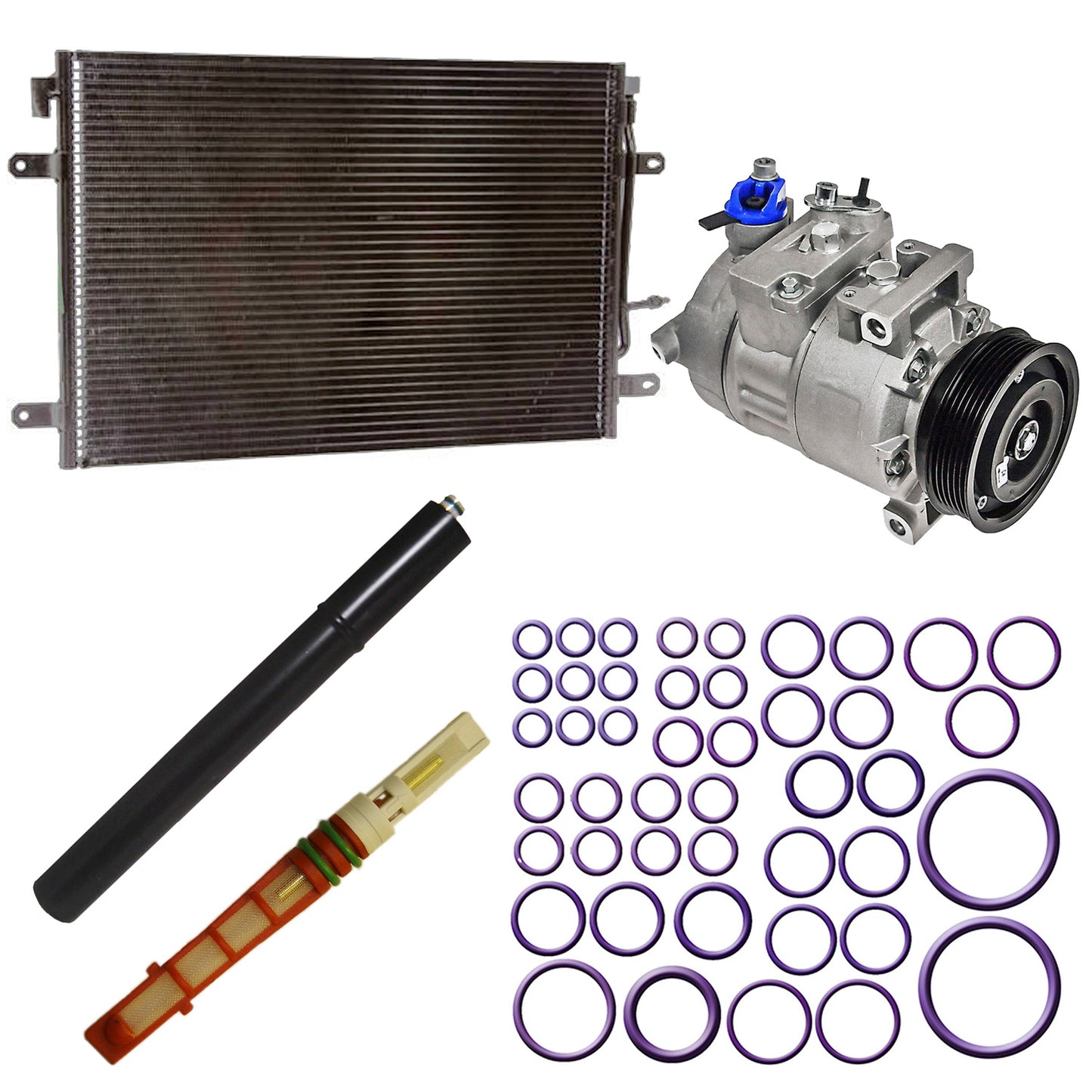 9646478A 5-Piece Kit A/C Compressor, With Clutch, 6-Groove Pulley, 3.2L, 6Cyl Includes (1) A/C Compressor, (1) A/C Receiver Drier, (1) A/C Orifice Tube, (1) A/C O-Ring and Gasket Seal Kit and (1) A/C Condenser