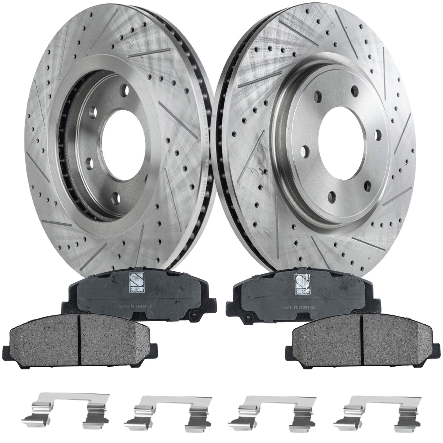 2-Wheel Set Front Brake Disc and Pad Kit, Cross-drilled and Slotted 6 Lugs 350.01 mm Ceramic Pro-Line Series, Includes (1) Brake Pad Set and (2) Brake Disc