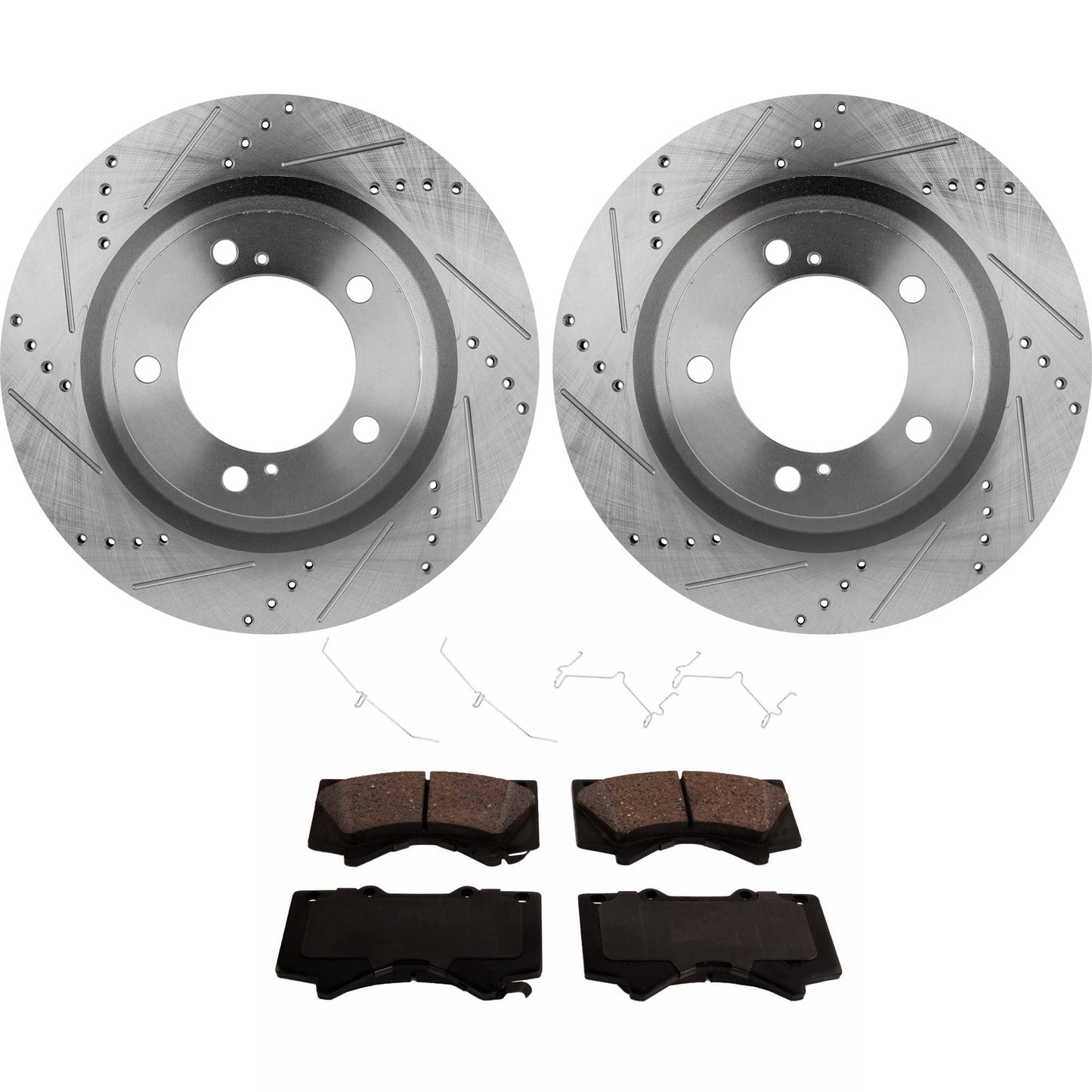 2-Wheel Set Front Brake Disc and Pad Kit, Cross-drilled and Slotted 5 Lugs 354.08 mm Ceramic Pro-Line Series, Includes (1) Brake Pad Set and (2) Brake Disc
