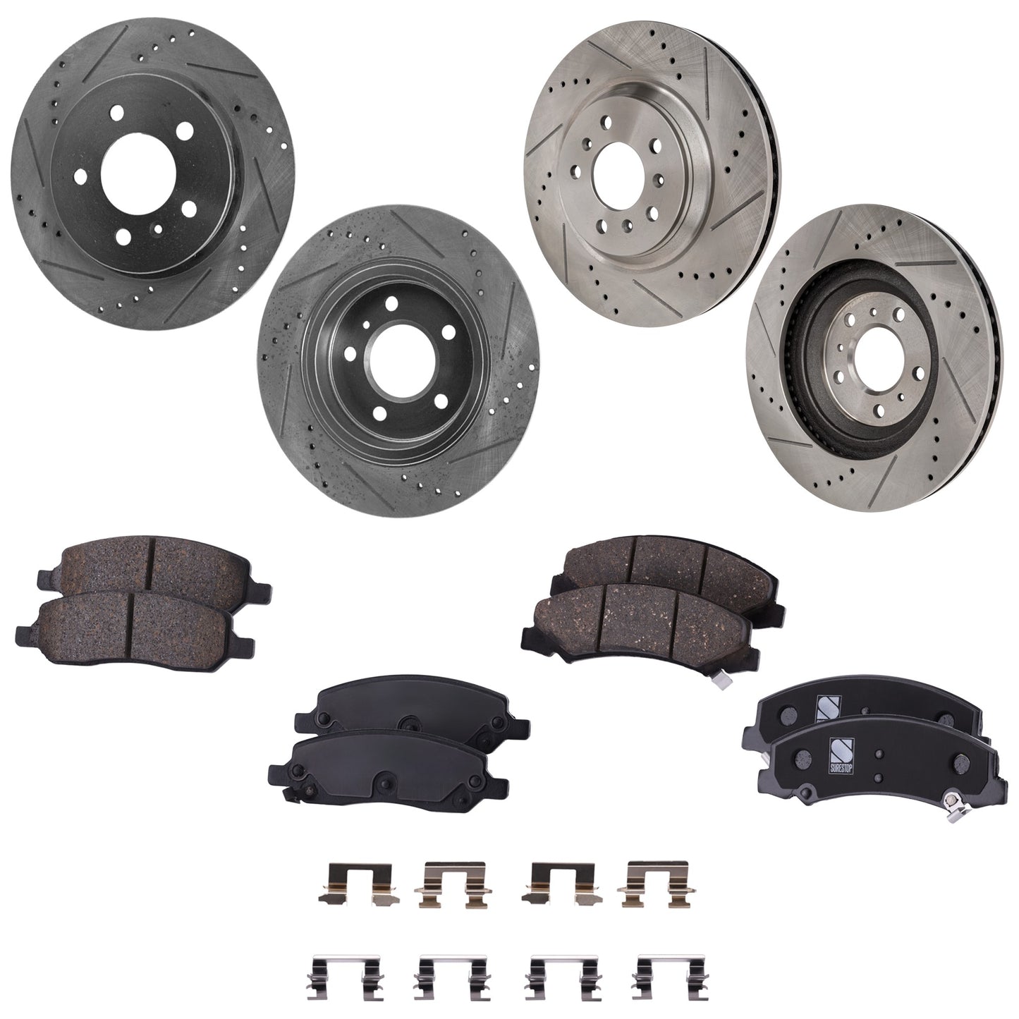 4-Wheel Set Front and Rear Brake Disc and Pad Kit, Cross-drilled and Slotted, 5 Lugs, Ceramic, Except Heavy Duty Brakes, Pro-Line Series
