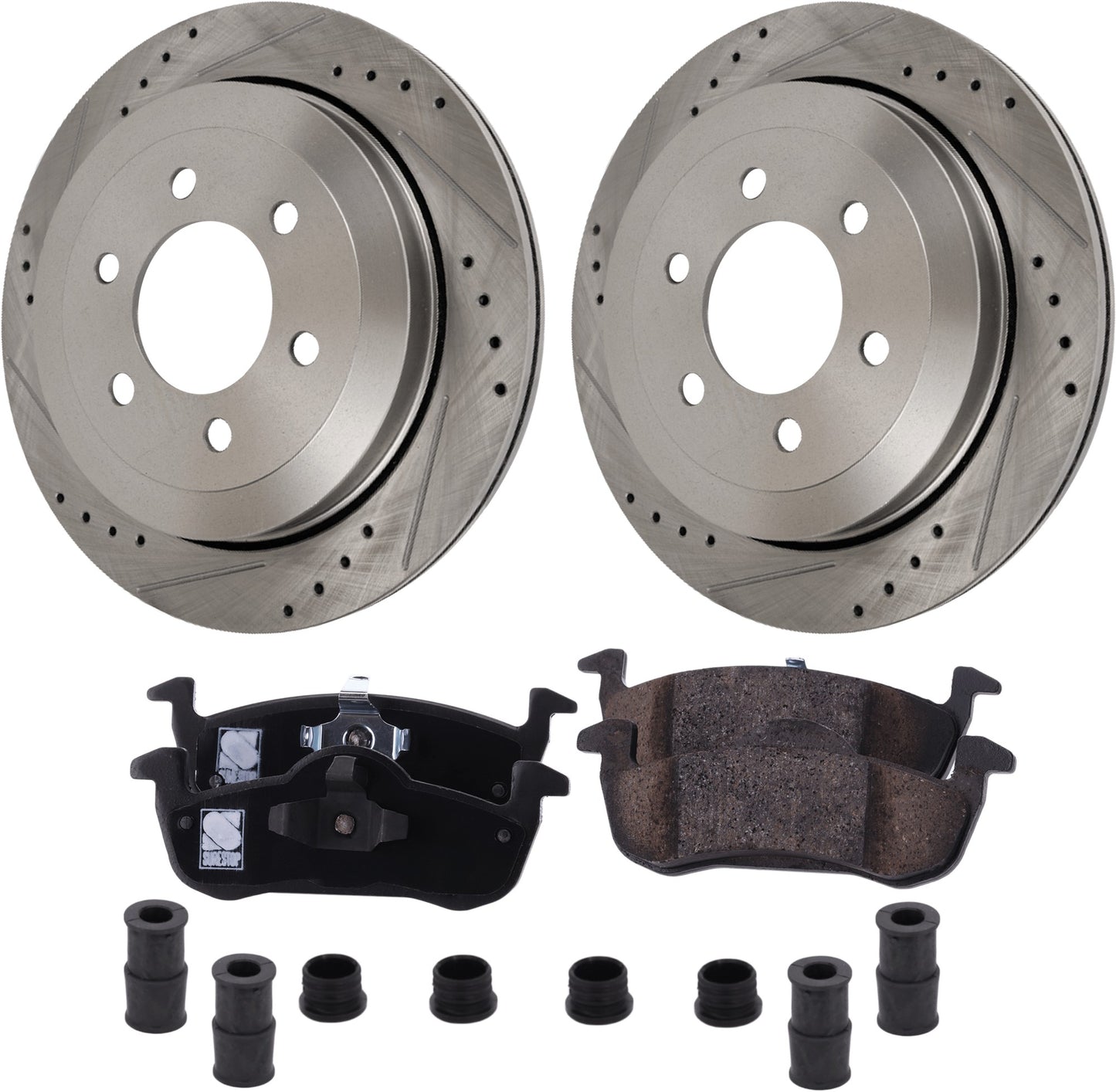 2-Wheel Set Rear Brake Disc and Pad Kit, Cross-drilled and Slotted 6 Lugs 342.2 mm Ceramic Pro-Line Series, Includes (2) Brake Disc and (1) Brake Pad Set