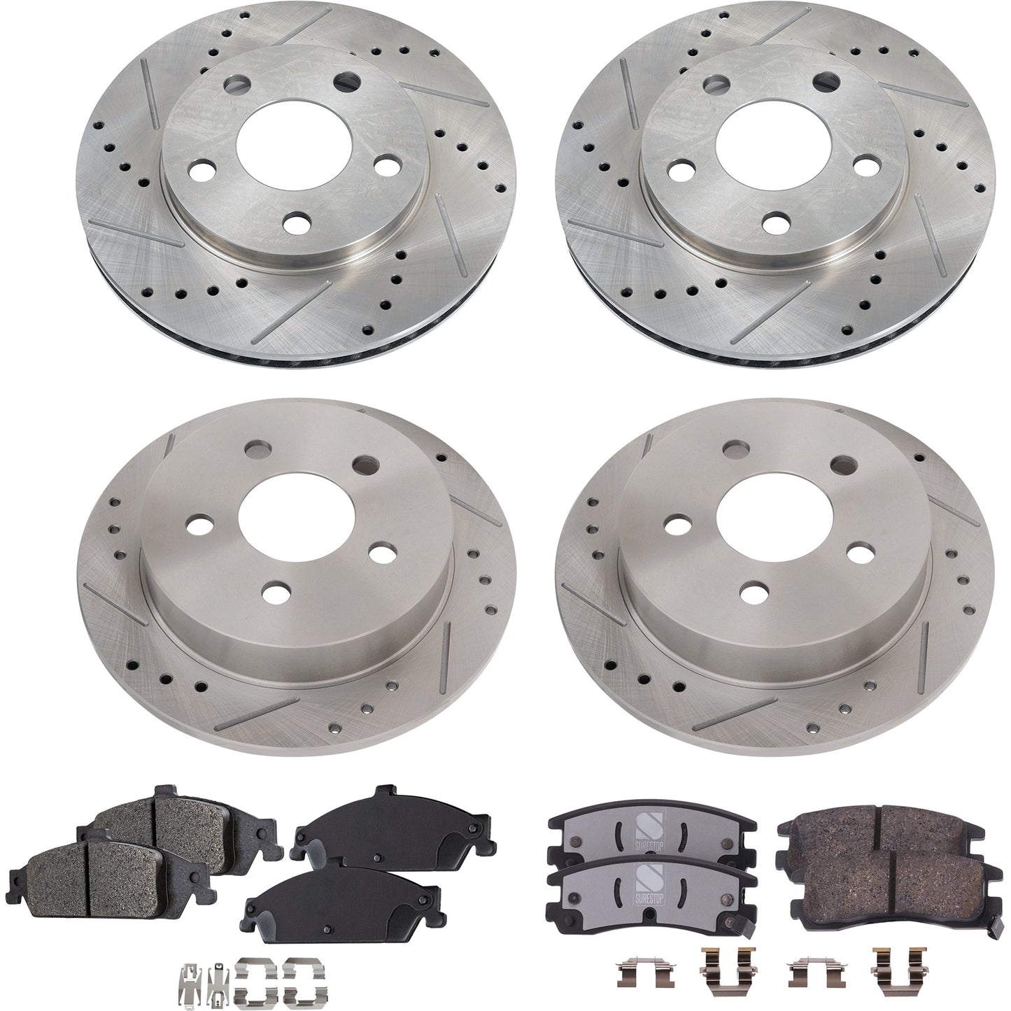 4-Wheel Set Front and Rear Brake Disc and Pad Kit, Cross-drilled and Slotted 5 Lugs Front-277.88 mm/Rear-278 mm Ceramic Pro-Line Series, Includes (4) Brake Disc and (2) Brake Pad Set