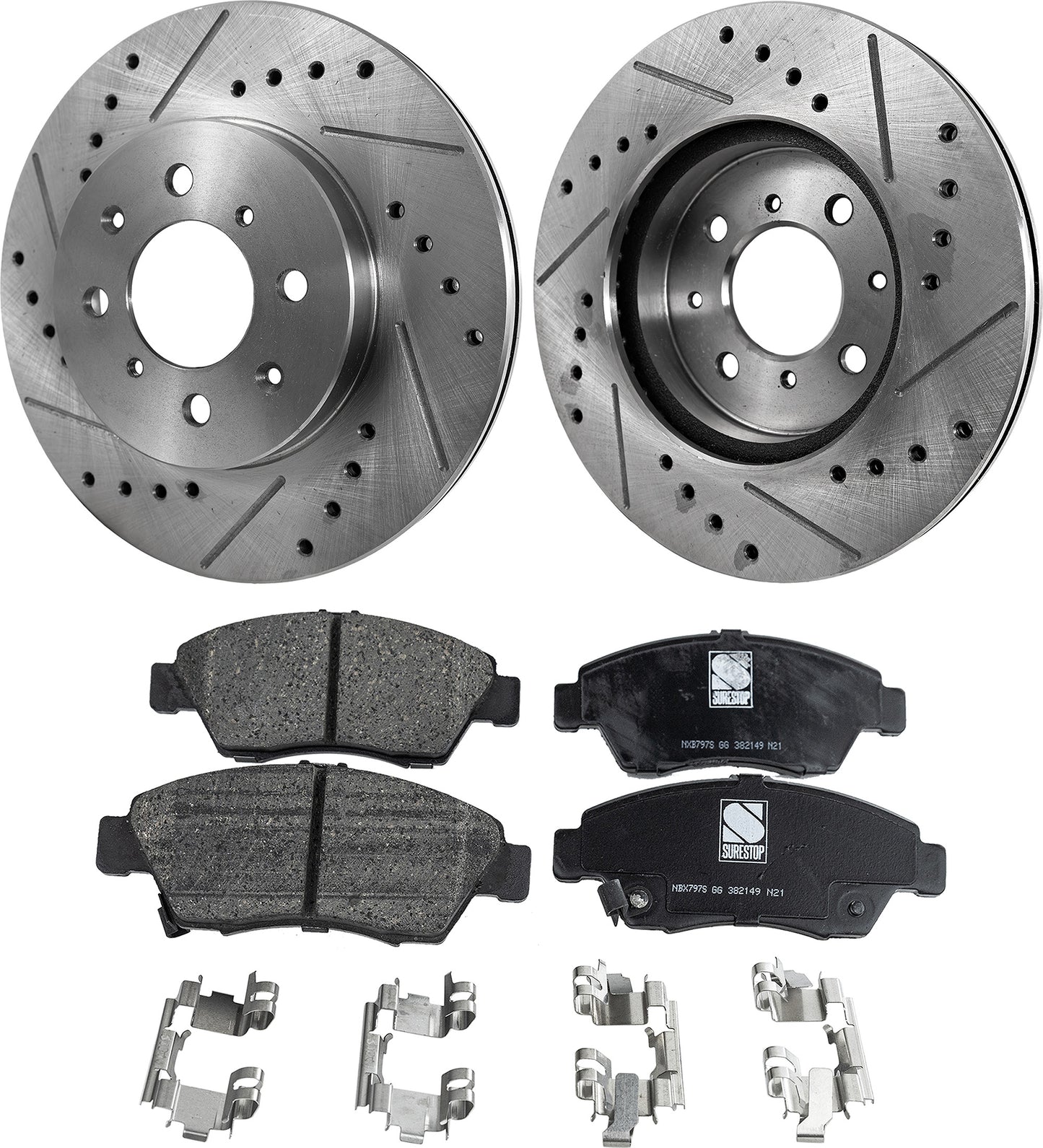 2-Wheel Set Front Brake Disc and Pad Kit, Cross-drilled and Slotted 4 Lugs 261.87 mm Ceramic Pro-Line Series, Includes (2) Brake Disc and (1) Brake Pad Set