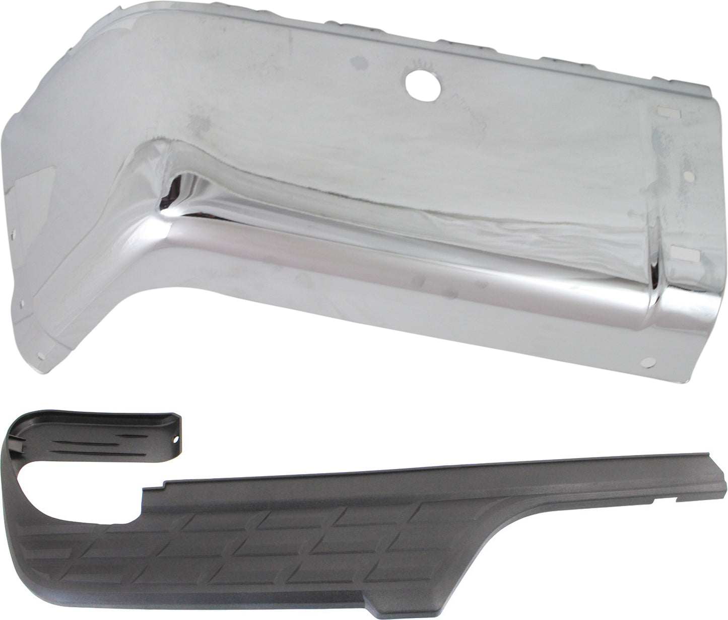 2-Piece Kit Rear, Driver Side Bumper End, Chrome, Steel, Includes (1) Bumper End and (1) Bumper Step Pad