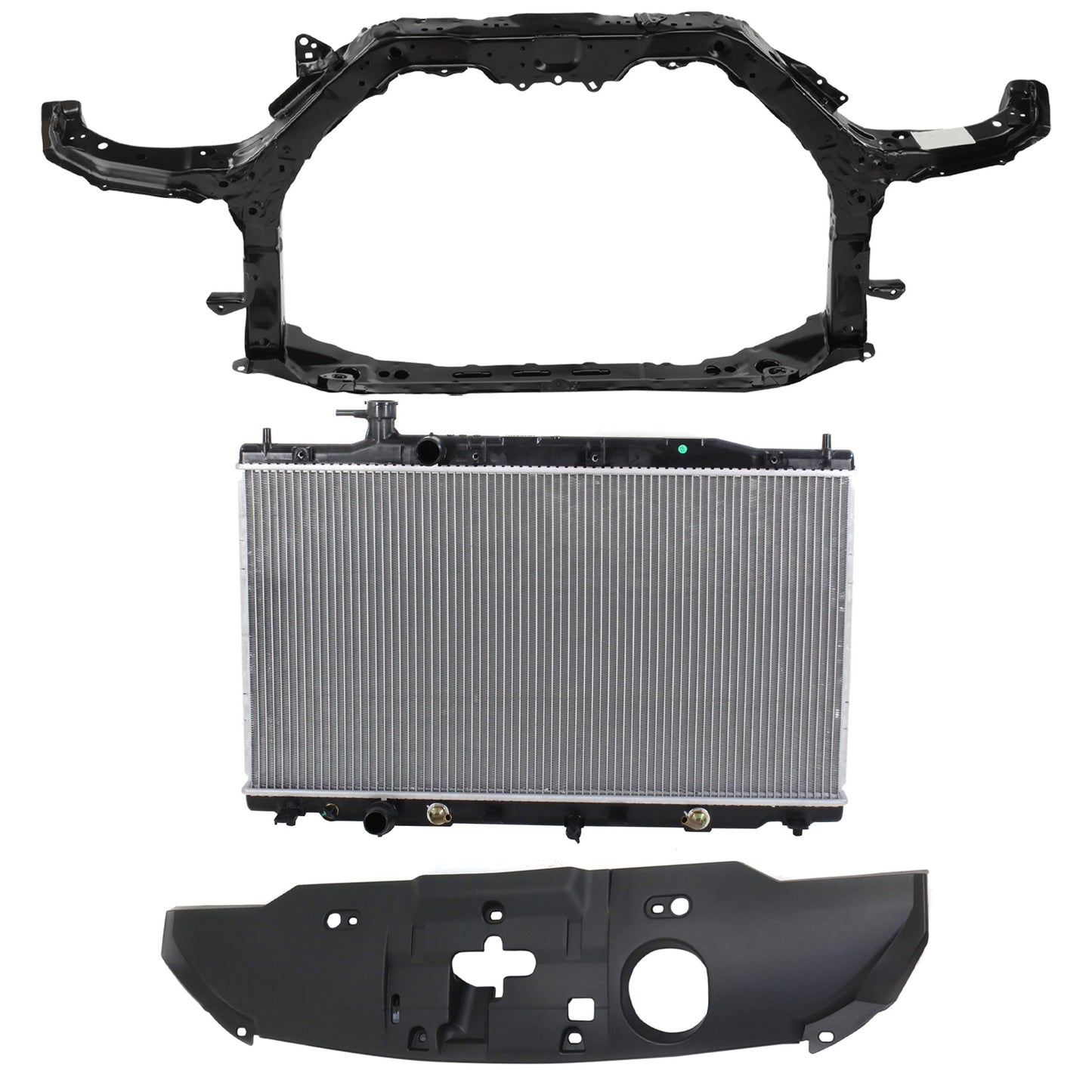 3-Piece Kit Radiator, 4 Cyl 2.4L, includes (1) Radiator, (1) Radiator Support, and (1) Radiator Support Cover