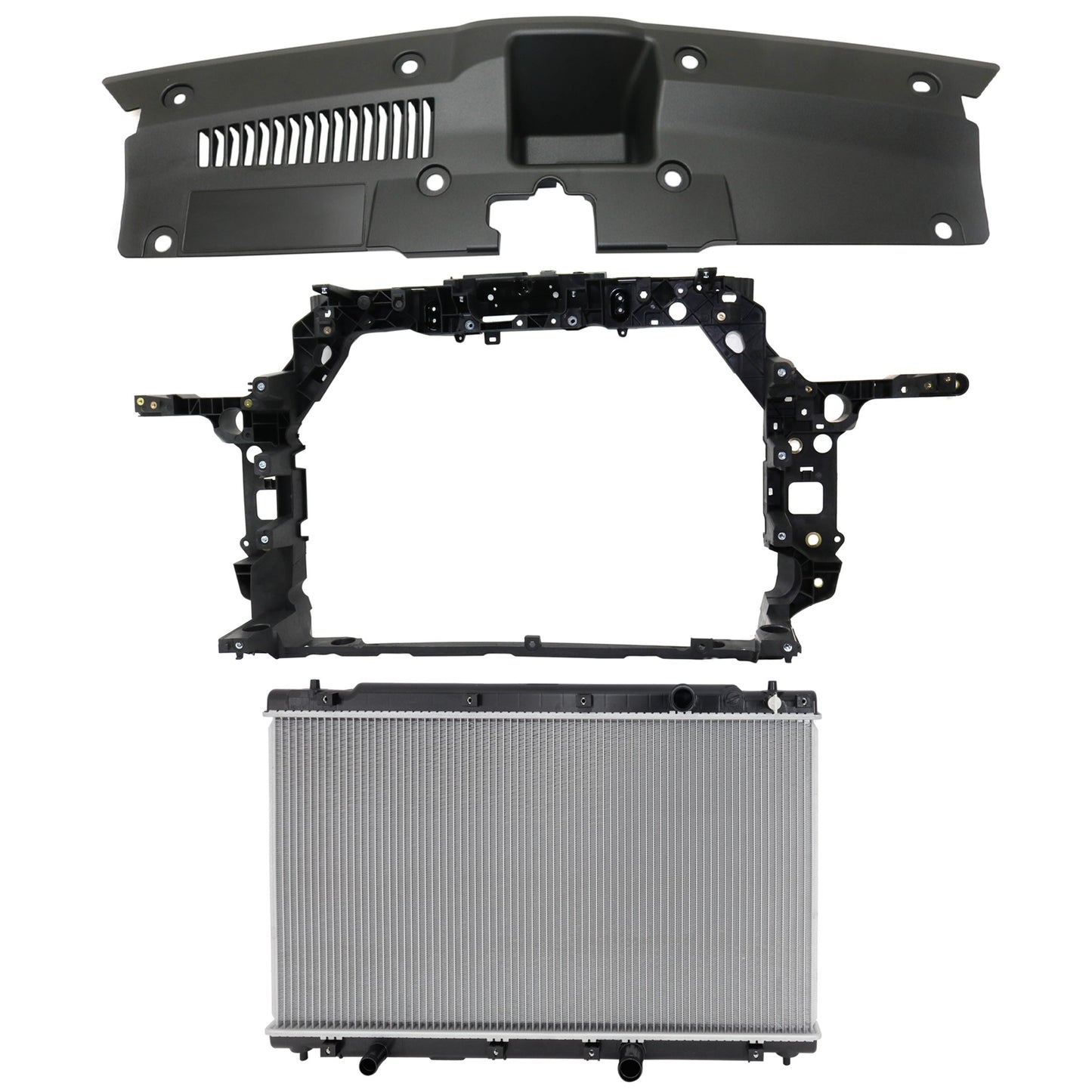 3-Piece Kit Radiator, 4 Cyl 2.4L, includes (1) Radiator, (1) Radiator Support, and (1) Radiator Support Cover