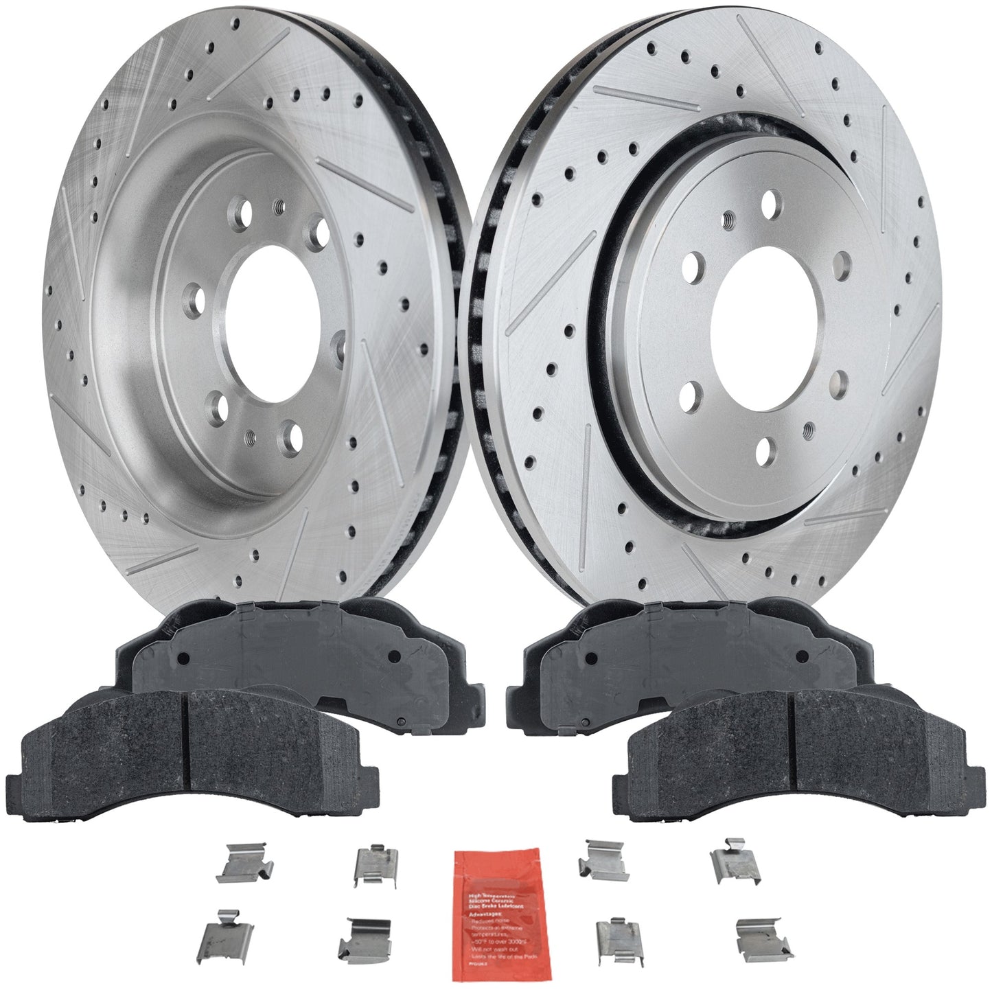 2-Wheel Set Front Brake Disc and Pad Kit, Cross-drilled and Slotted 6 Lugs 350.01 mm Ceramic Pro-Line Series, Includes (1) Brake Pad Set and (2) Brake Disc