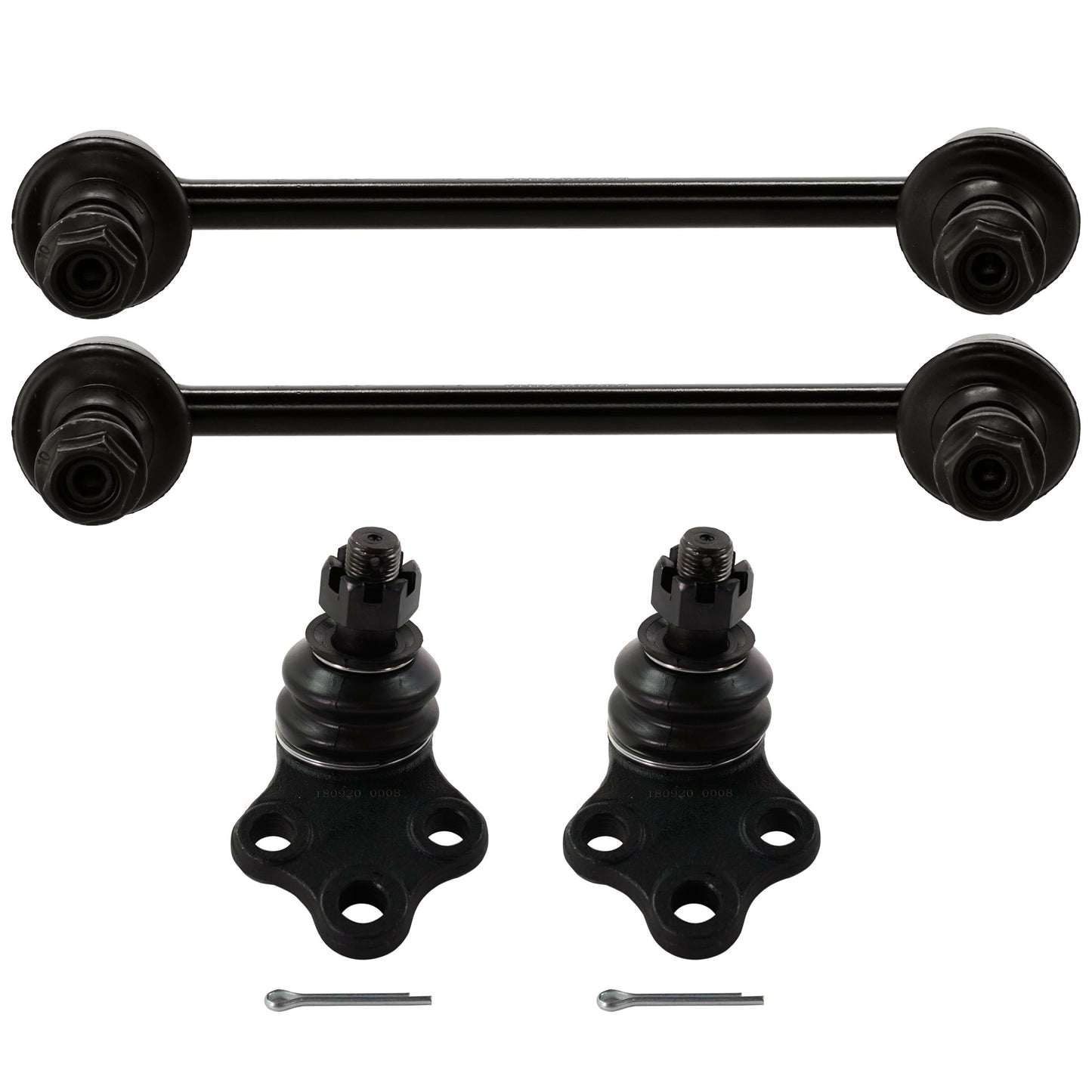 4-Piece Kit Front, Driver and Passenger Side, Lower Ball Joint, Includes (2) Ball Joint and (2) Sway Bar Link