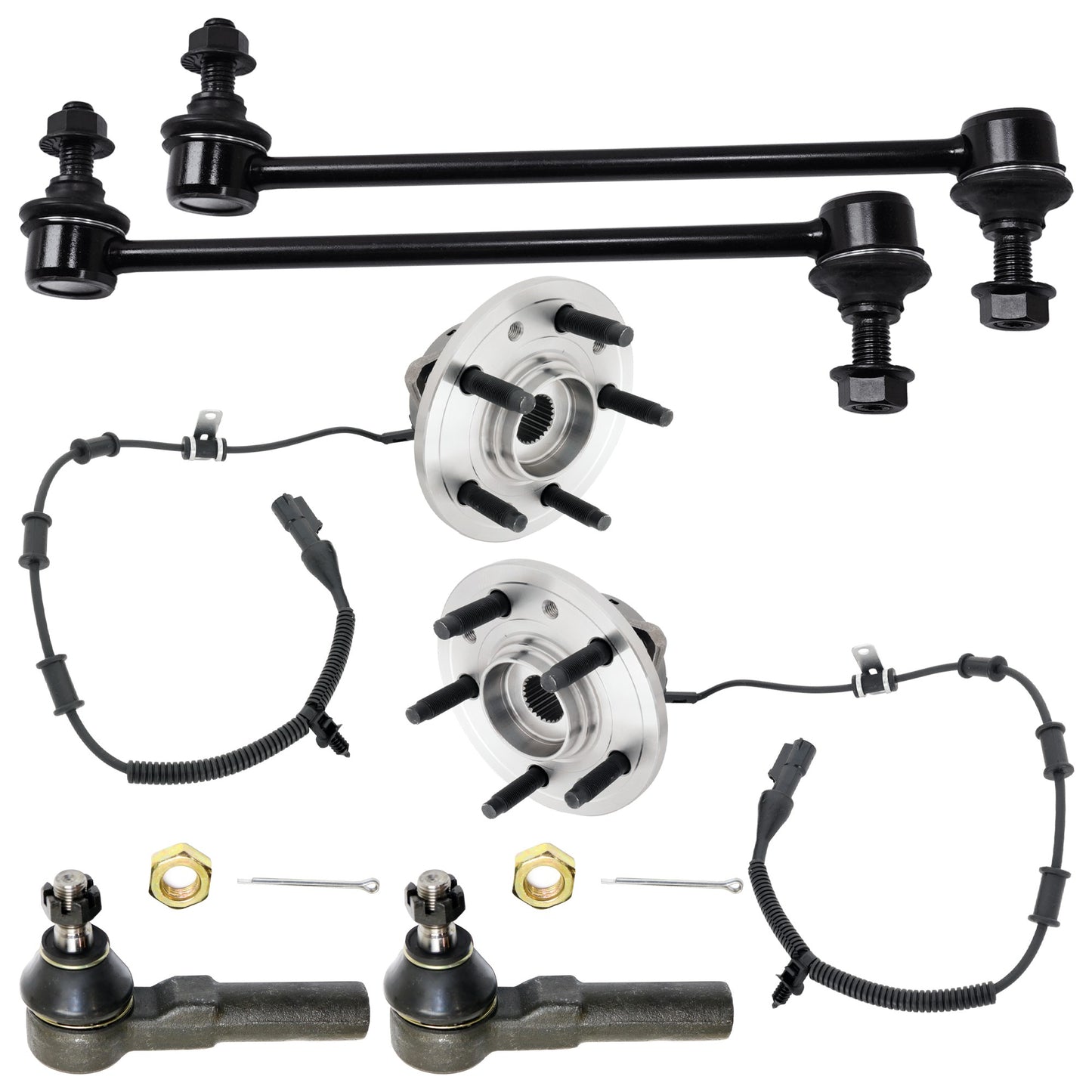 2-Wheel Set Front, Driver and Passenger Side Wheel Hub, 5 Lugs, With Bearing, With Sensor, Includes (2) Wheel Hub, (2) Tie Rod End and (2) Sway Bar Link