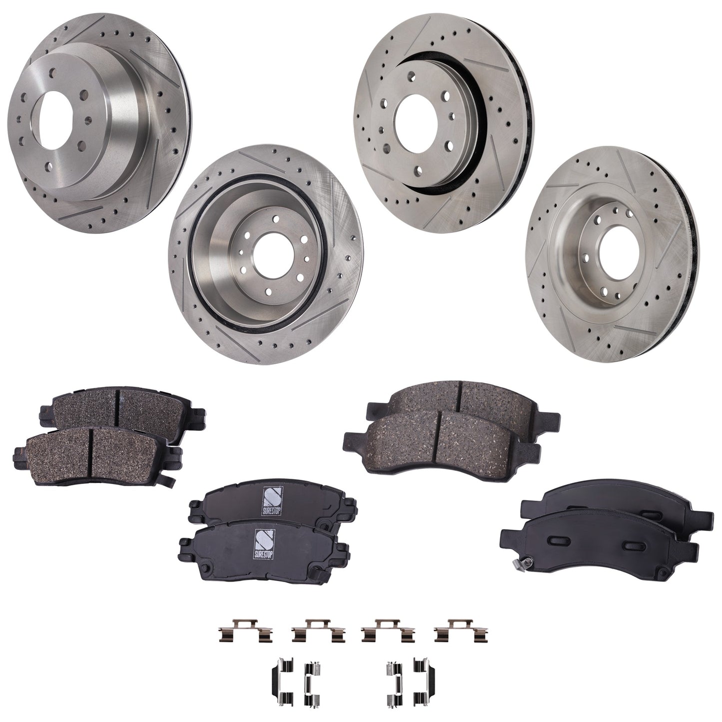4-Wheel Set Front and Rear Brake Disc and Pad Kit, Cross-drilled and Slotted 6 Lugs Front-301.8 mm/Rear-325.12 mm Front-Ceramic/Rear-Semi-Metallic Pro-Line Series, Includes (2) Pad Set and (4) Disc