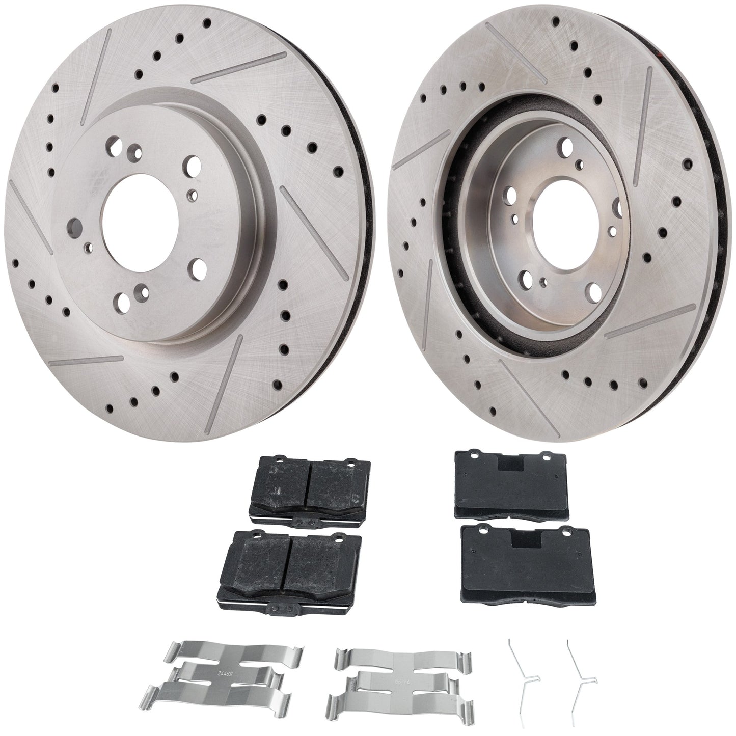 2-Wheel Set Front Brake Disc and Pad Kit, Cross-drilled and Slotted 5 Lugs 319.6 mm Organic Pro-Line Series, Includes (2) Brake Disc and (1) Brake Pad Set