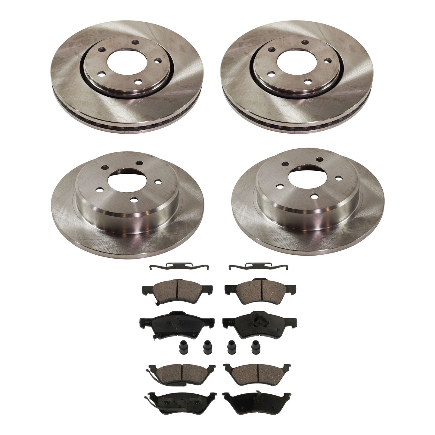 4-Wheel Set Front and Rear Brake Disc and Pad Kit, Plain Surface 5 Lugs Front-280.92 mm/Rear-289.81 mm Ceramic Pro-Line Series, Includes (2) Brake Pad Set and (4) Brake Disc