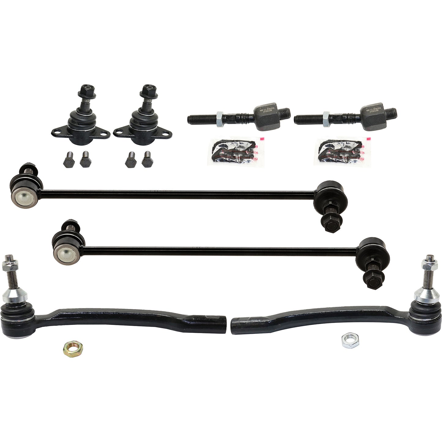 8-Piece Kit Front, Driver and Passenger Side, Inner and Outer Tie Rod End, Includes (4) Tie Rod End, (2) Sway Bar Link and (2) Ball Joint