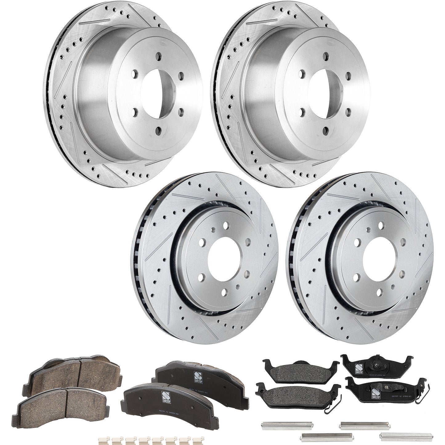 Комплект тормозных дисков и колодок для 4 колес: передние и задние, перфорированные и с насечками (передние - 350,01 мм/задние - 347,98 мм), включает в себя (4) тормозных диска и (2) тормозных колодок