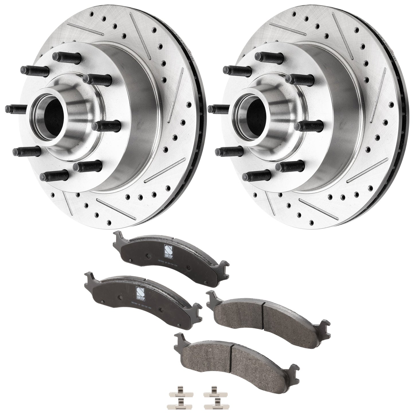 2-Wheel Set Front Brake Disc and Pad Kit, Cross-drilled and Slotted 8 Lugs 334 mm Semi-metallic Pro-Line Series, Includes (2) Brake Disc and (1) Brake Pad Set
