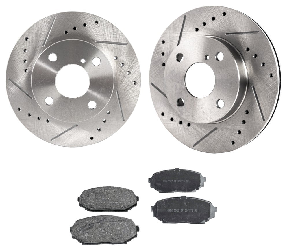 2-Wheel Set Front Brake Disc and Pad Kit, Cross-drilled and Slotted 4 Lugs 235 mm, Includes (2) Brake Disc and (1) Brake Pad Set