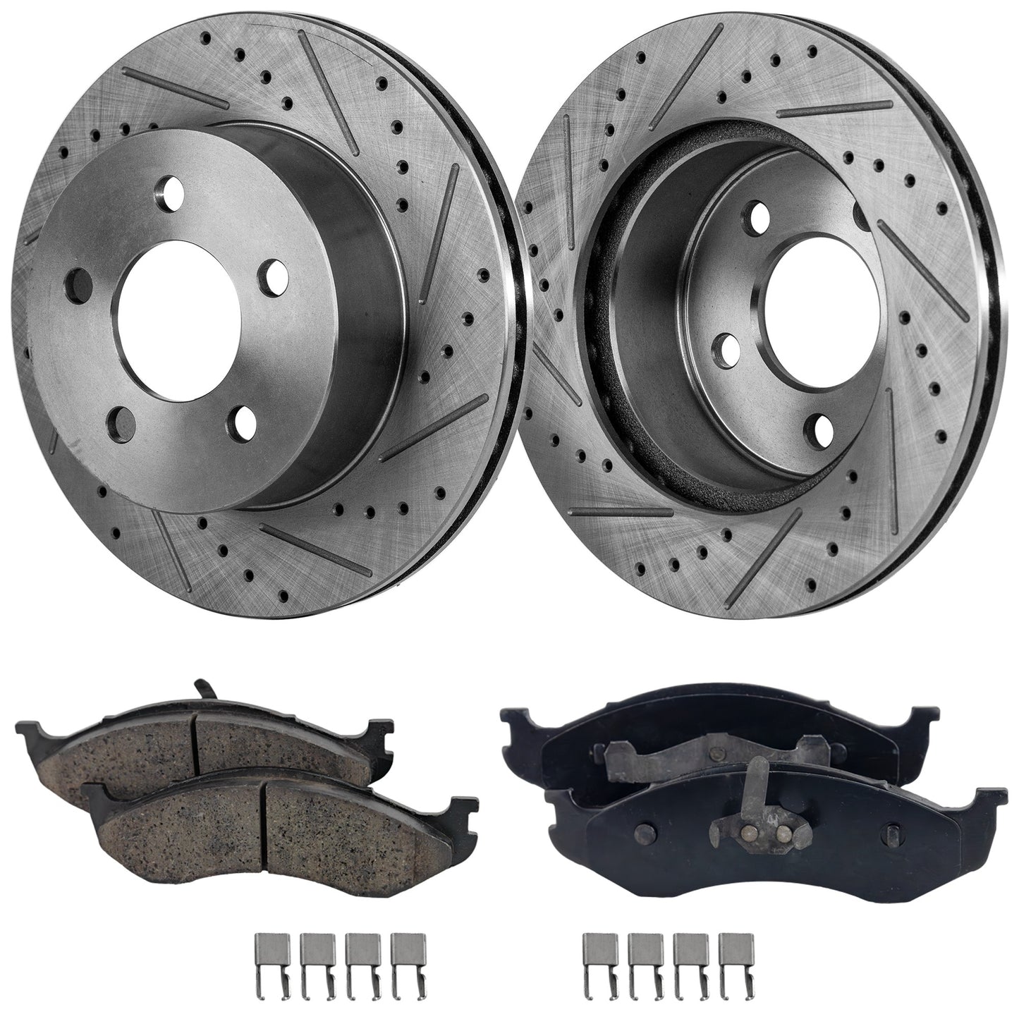 2-Wheel Set Front Brake Disc and Pad Kit, Cross-drilled and Slotted 5 Lugs 280 mm Semi-metallic Pro-Line Series, Includes (2) Brake Disc and (1) Brake Pad Set