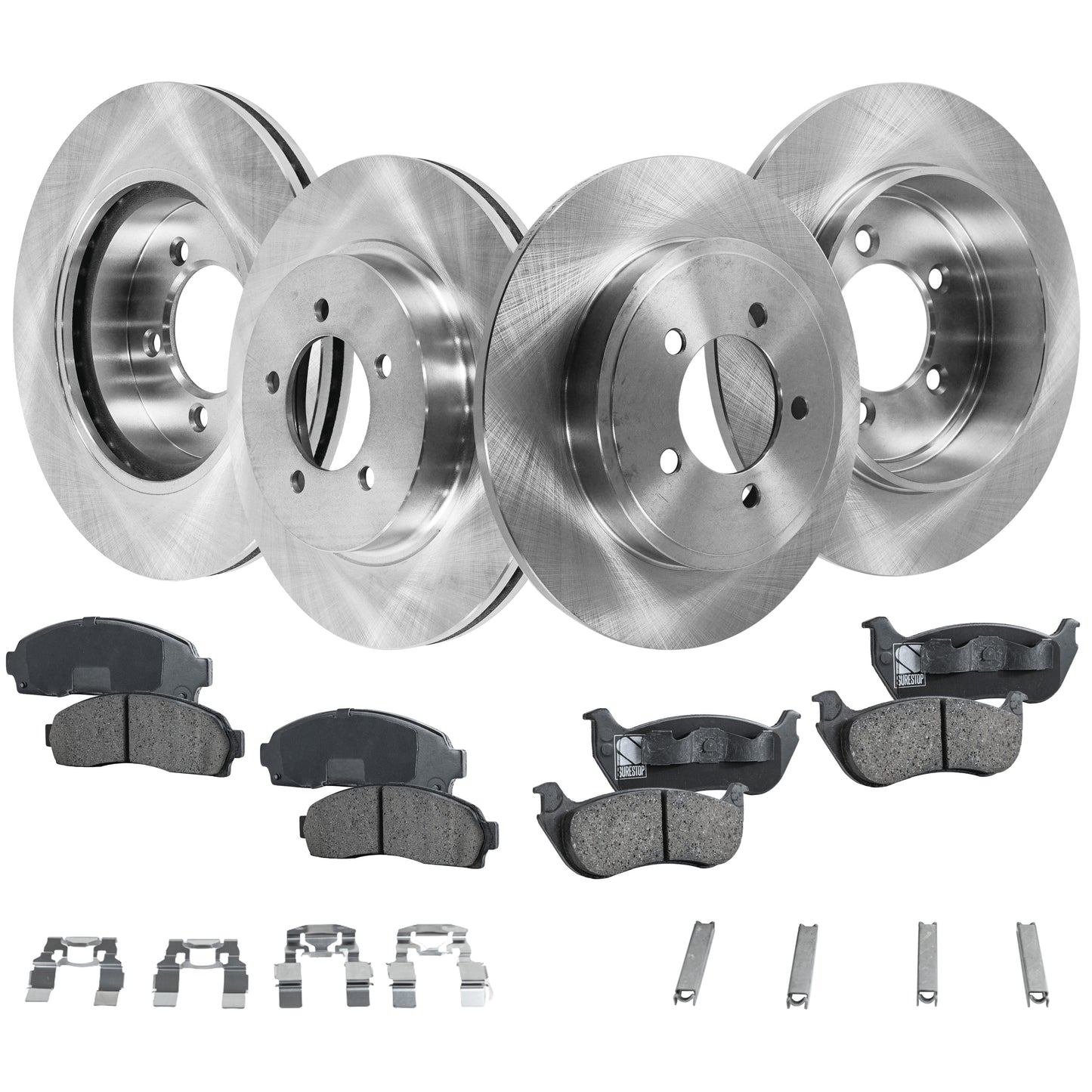 4-Wheel Set Front and Rear Brake Disc and Pad Kit, Plain Surface 5 Lugs Front-305.05 mm/Rear-300.99 mm Ceramic Pro-Line Series, Includes (2) Brake Pad Set and (4) Brake Disc