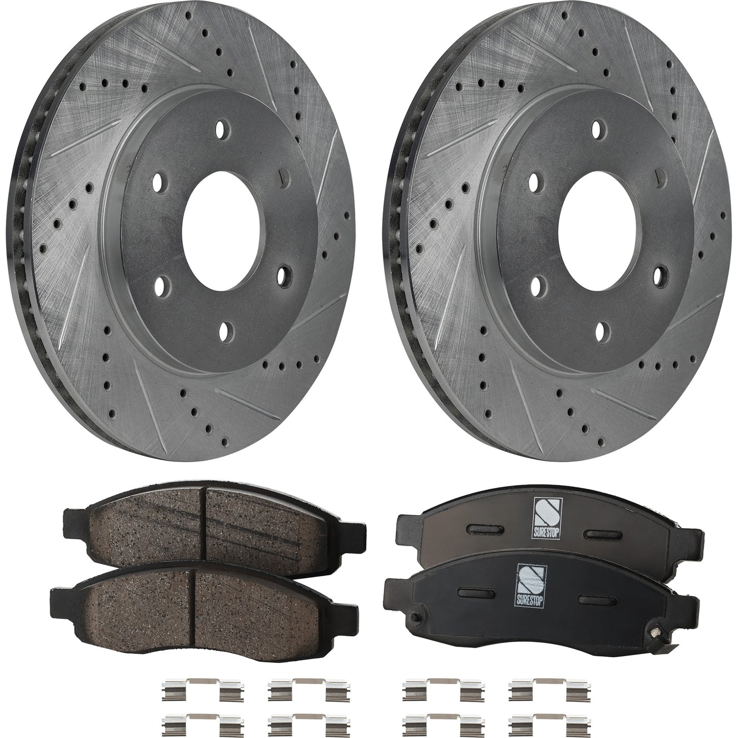 2-Wheel Set Front Brake Disc and Pad Kit, Cross-drilled and Slotted 6 Lugs 320 mm Ceramic Pro-Line Series, Includes (1) Brake Pad Set and (2) Brake Disc