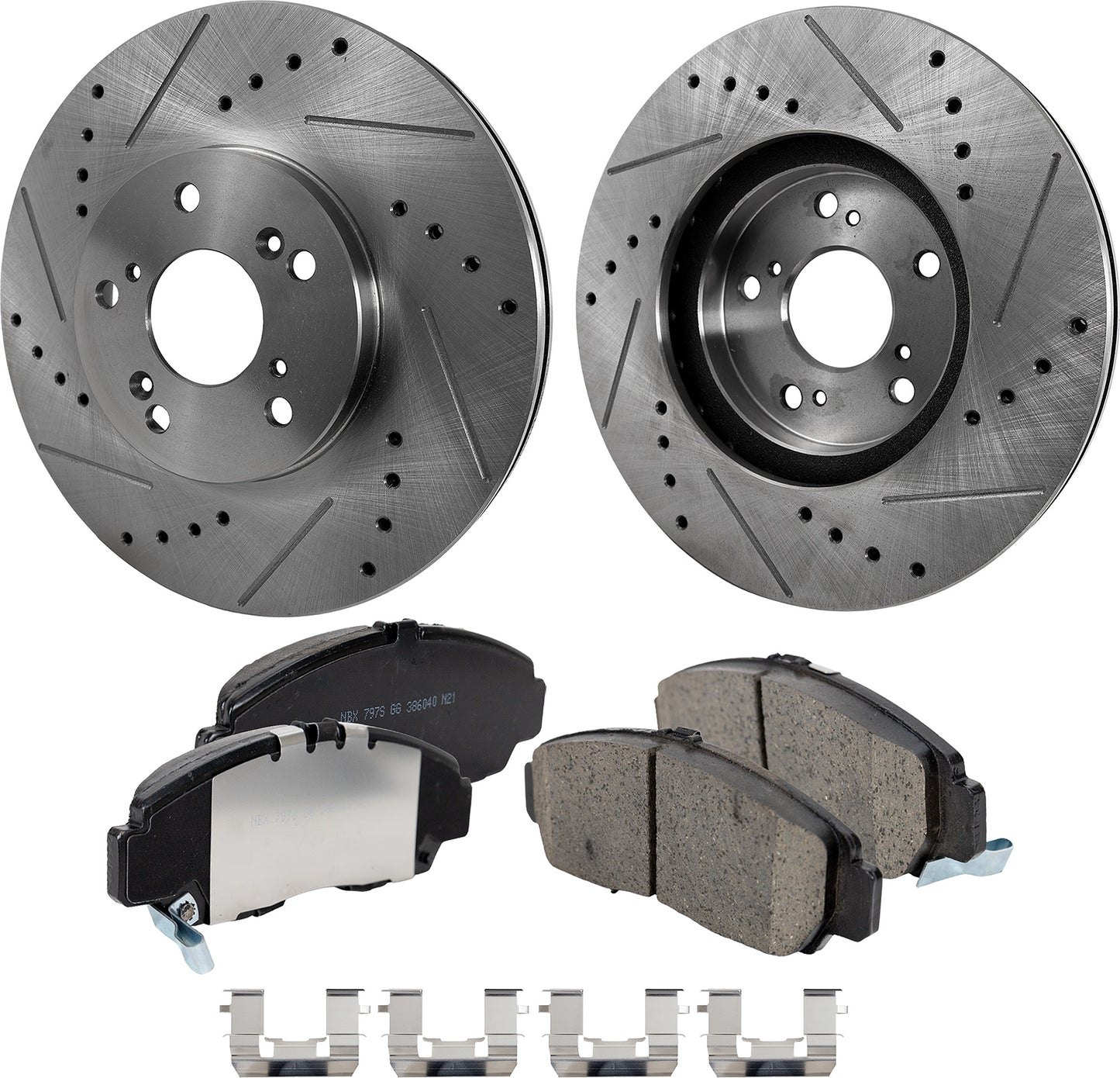 2-Wheel Set Front Brake Disc and Pad Kit, Cross-drilled and Slotted 299.97 mm Ceramic Pro-Line Series, Includes (1) Brake Pad Set and (2) Brake Disc