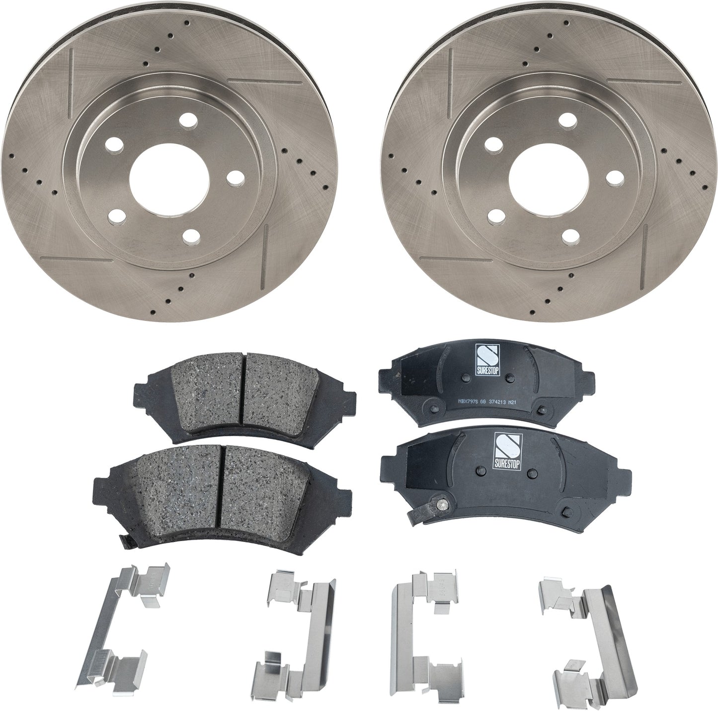 Комплект из 2 передних тормозных дисков и колодок, перфорированные и насеченные, керамические, серии Pro-Line диаметром 302,6 мм, включает в себя (1) комплект тормозных колодок и (2) тормозных диска