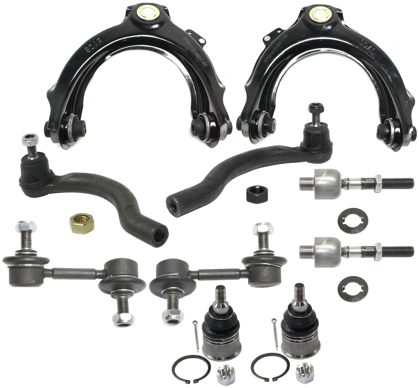 10-Piece Kit Front, Driver and Passenger Side, Upper Control Arm Kit, Includes (2) Ball Joint, (2) Control Arm, (2) Sway Bar Link, and (4) Tie Rod End