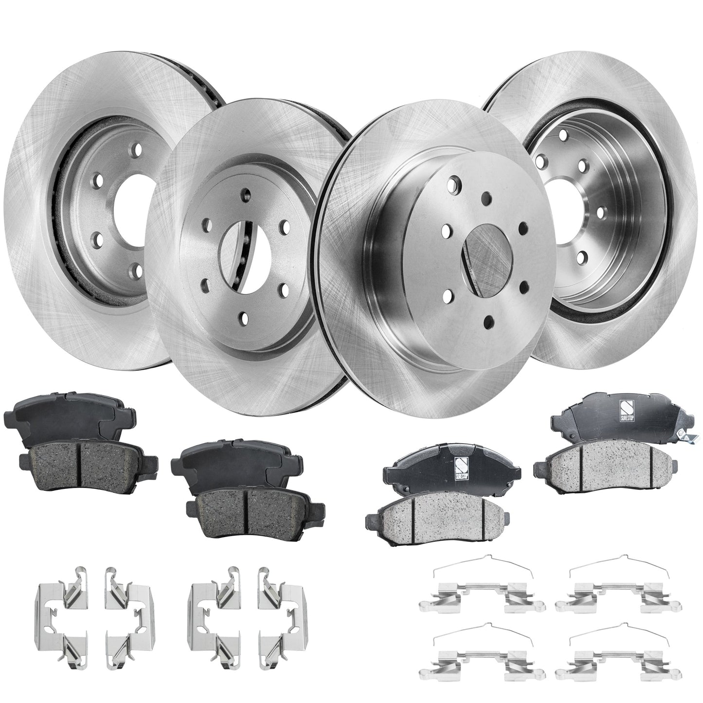4-Wheel Set Front and Rear Brake Disc and Pad Kit, Plain Surface 6 Lugs Front-295.91 mm/Rear-307.59 mm Ceramic Pro-Line Series, Includes (2) Brake Pad Set and (4) Brake Disc