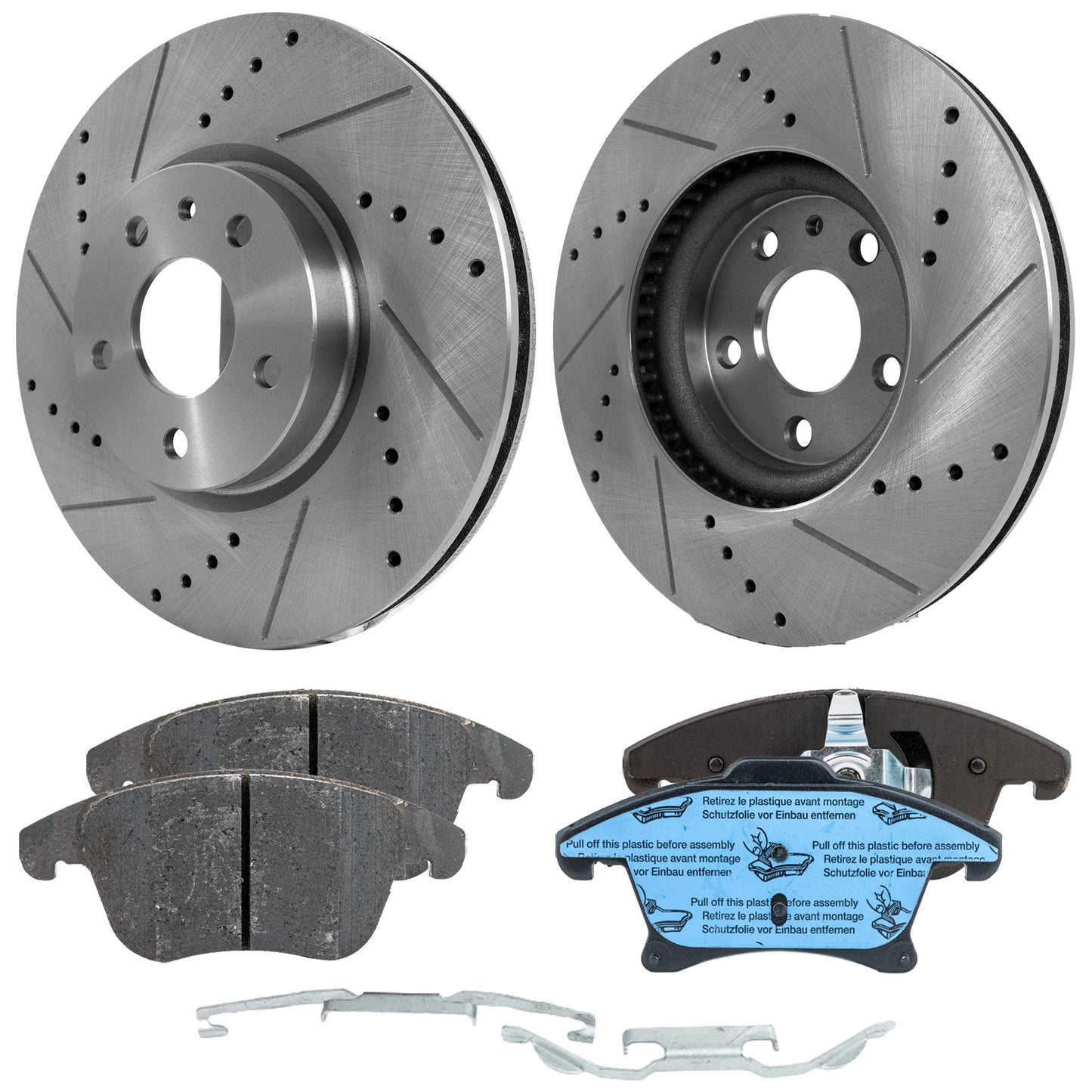 Комплект из 2 передних тормозных дисков и колодок, перфорированные и насеченные, керамические, серии Pro-Line диаметром 300 мм, включает в себя (2) тормозных диска и (1) комплект тормозных колодок