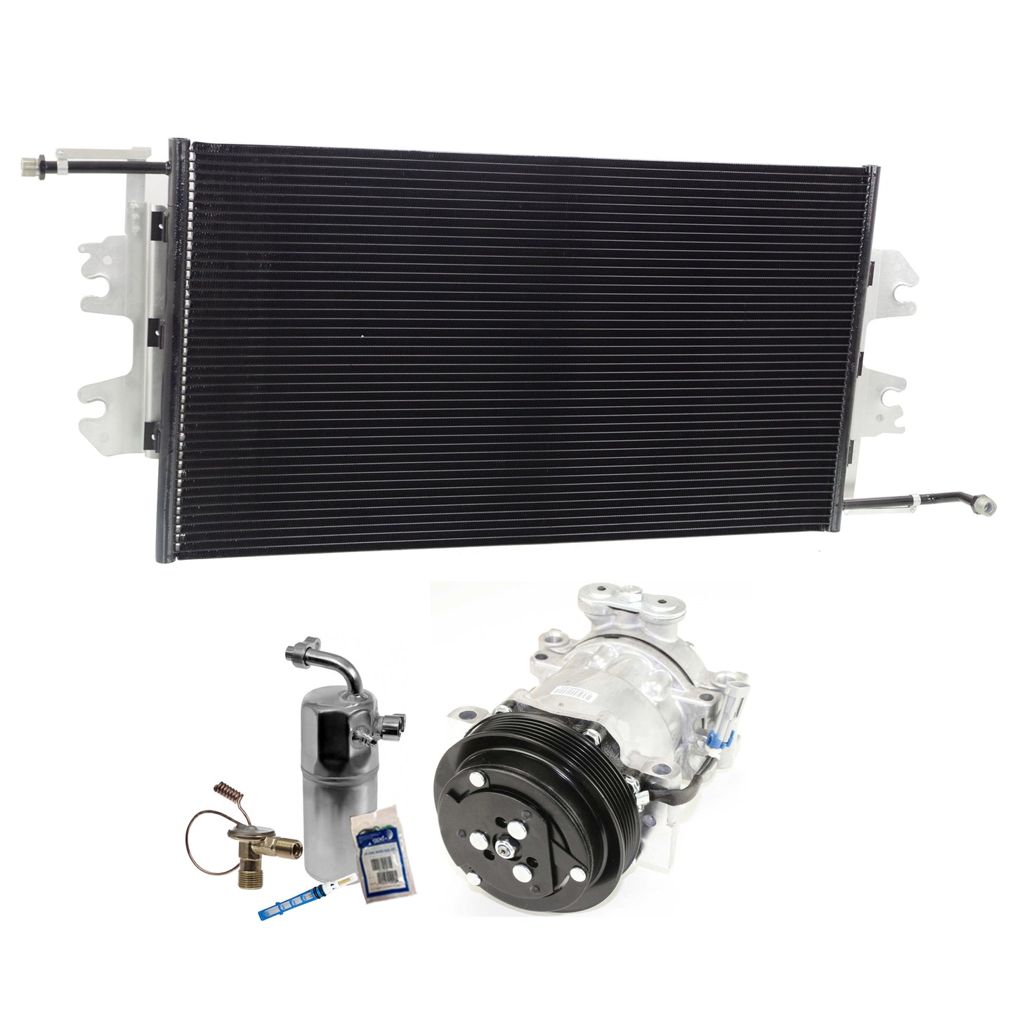 Комплект из 3-х компонентов: компрессор кондиционера, с муфтой, 6-канавочным шкивом, включает в себя (1) компрессор кондиционера, (1) конденсатор кондиционера и (1) комплект для обслуживания кондиционера