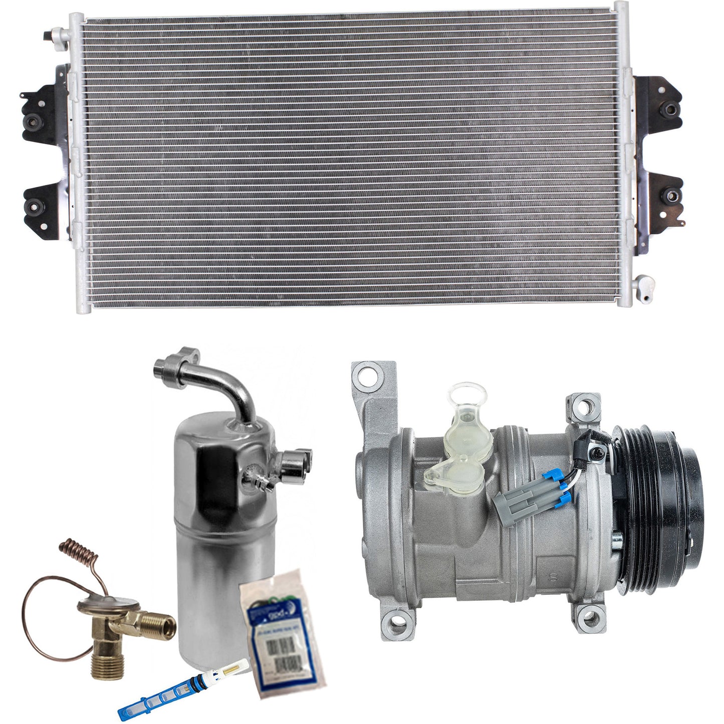 Комплект из 3-х компонентов: компрессор кондиционера, с муфтой, шкивом с 4 канавками, включает в себя (1) компрессор кондиционера, (1) конденсатор кондиционера и (1) комплект для обслуживания кондиционера