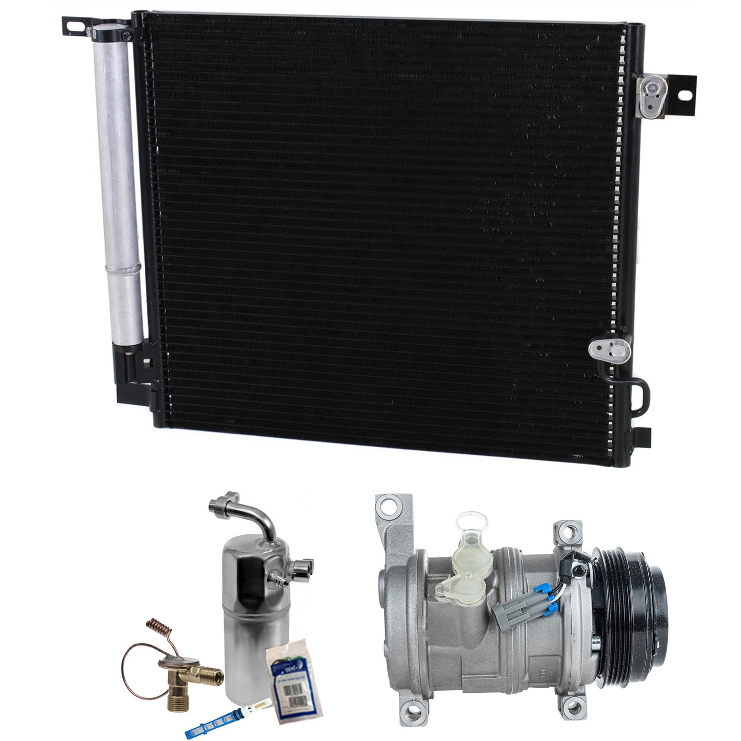 Комплект из 3-х компонентов: компрессор кондиционера, с муфтой, шкивом с 4 канавками, включает в себя (1) компрессор кондиционера, (1) конденсатор кондиционера и (1) комплект для обслуживания кондиционера