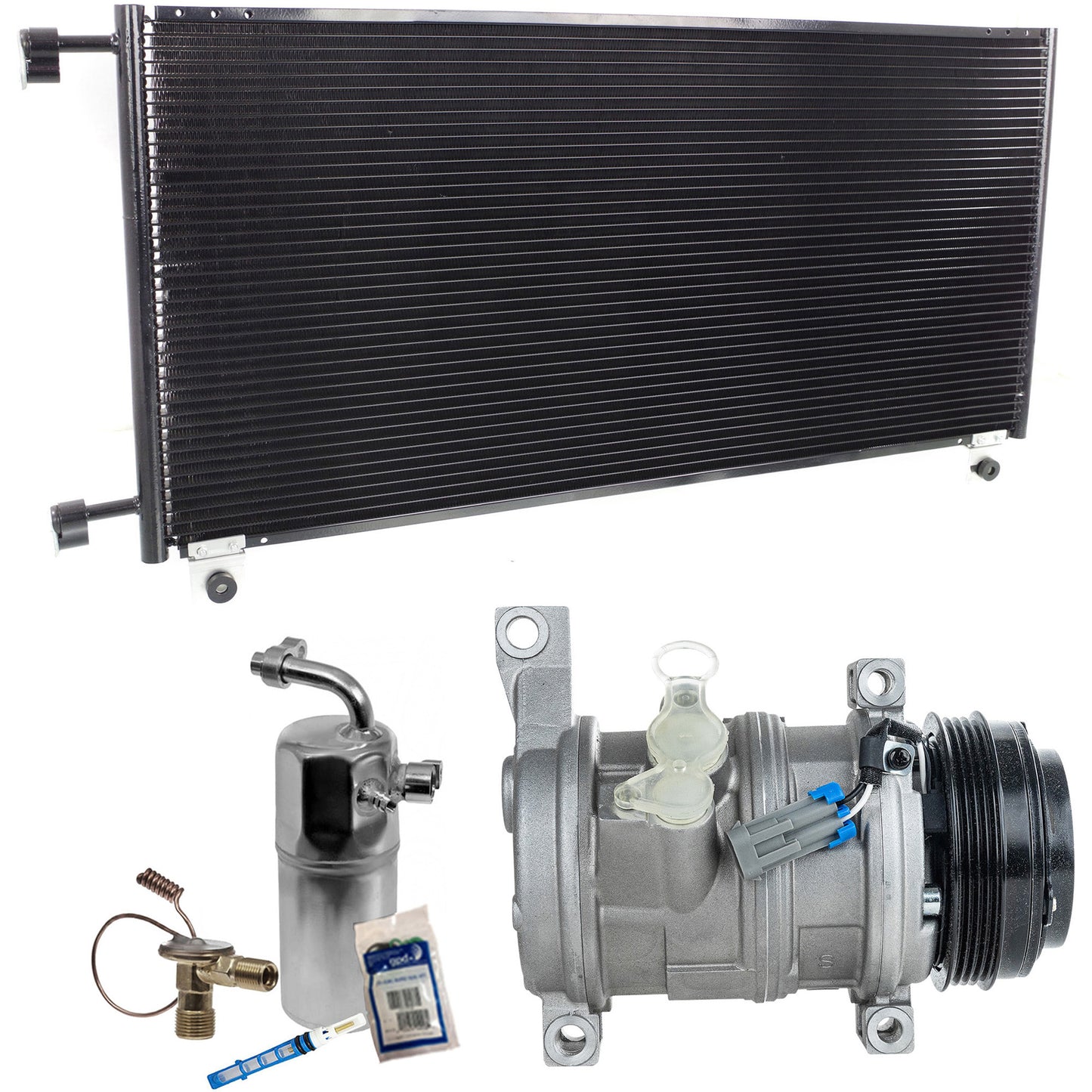 Комплект из 3-х компонентов: компрессор кондиционера, с муфтой, шкивом с 4 канавками, включает в себя (1) компрессор кондиционера, (1) конденсатор кондиционера и (1) комплект для обслуживания кондиционера