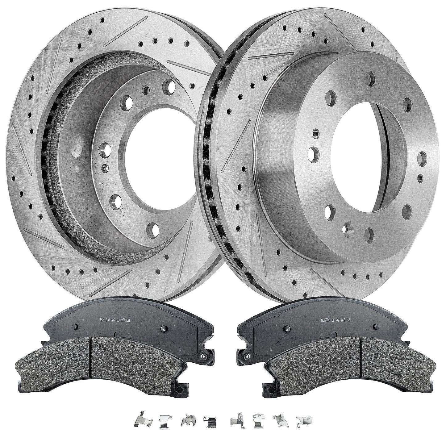 Комплект из 2 передних тормозных дисков и колодок, перфорированных и прорезанных, 8 болтов, 355 мм, полуметаллические, серии Pro-Line, включает в себя (1) комплект тормозных колодок и (2) тормозных диска