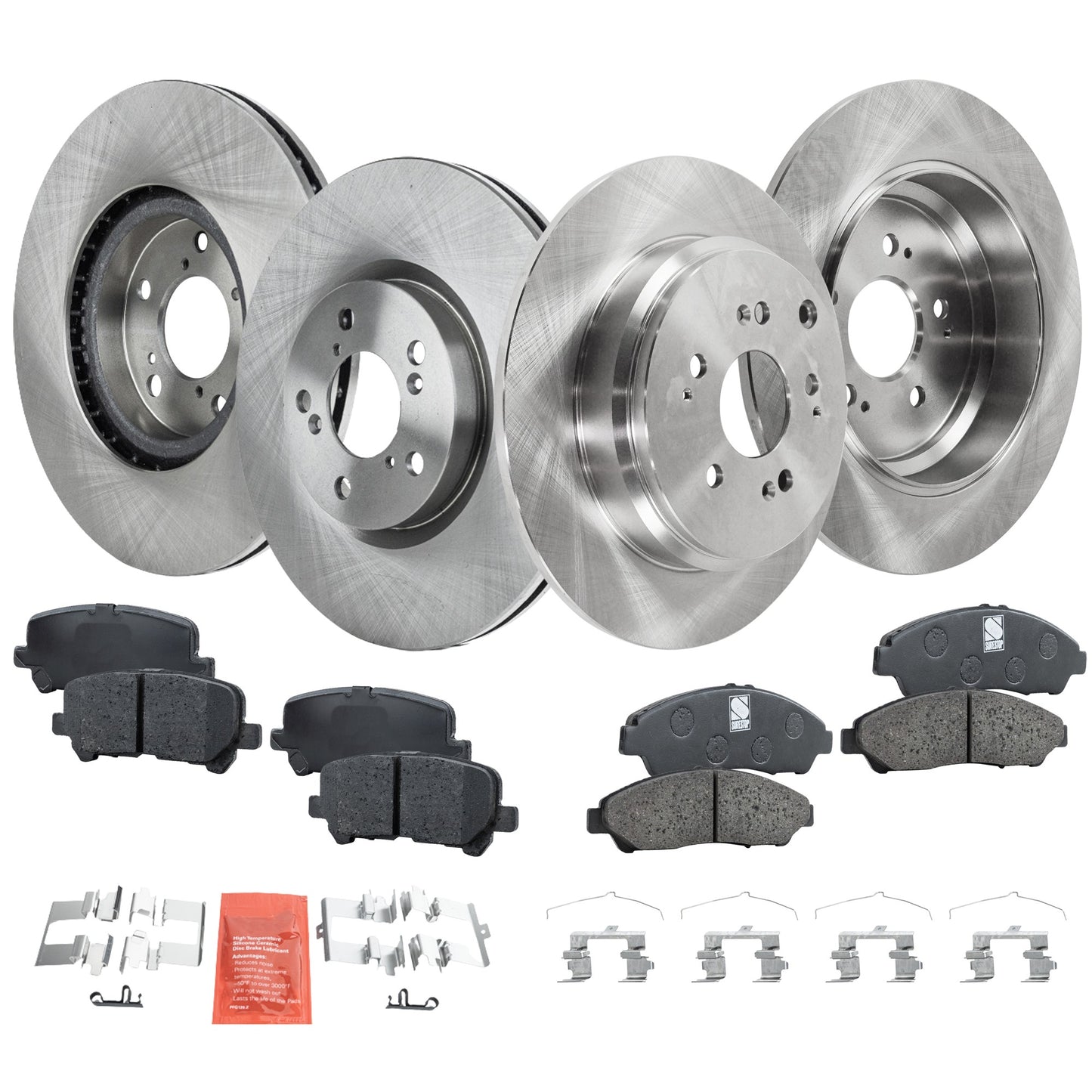 4-Wheel Set Front and Rear Brake Disc and Pad Kit, Plain Surface 5 Lugs Front-329.95 mm/Rear-334.01 mm Ceramic Pro-Line Series, Includes (4) Brake Disc and (2) Brake Pad Set