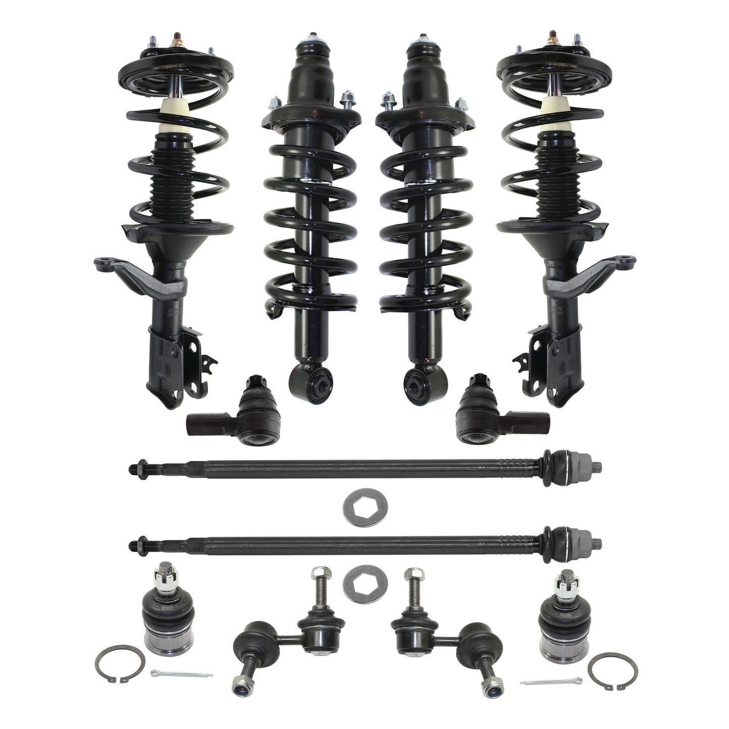 12-Piece Kit Front, Driver and Passenger Side Suspension Kit, Includes (2) Ball Joint, (2) Sway Bar Link, (4) Tie Rod End and (4) Shock Absorber and Strut Assembly