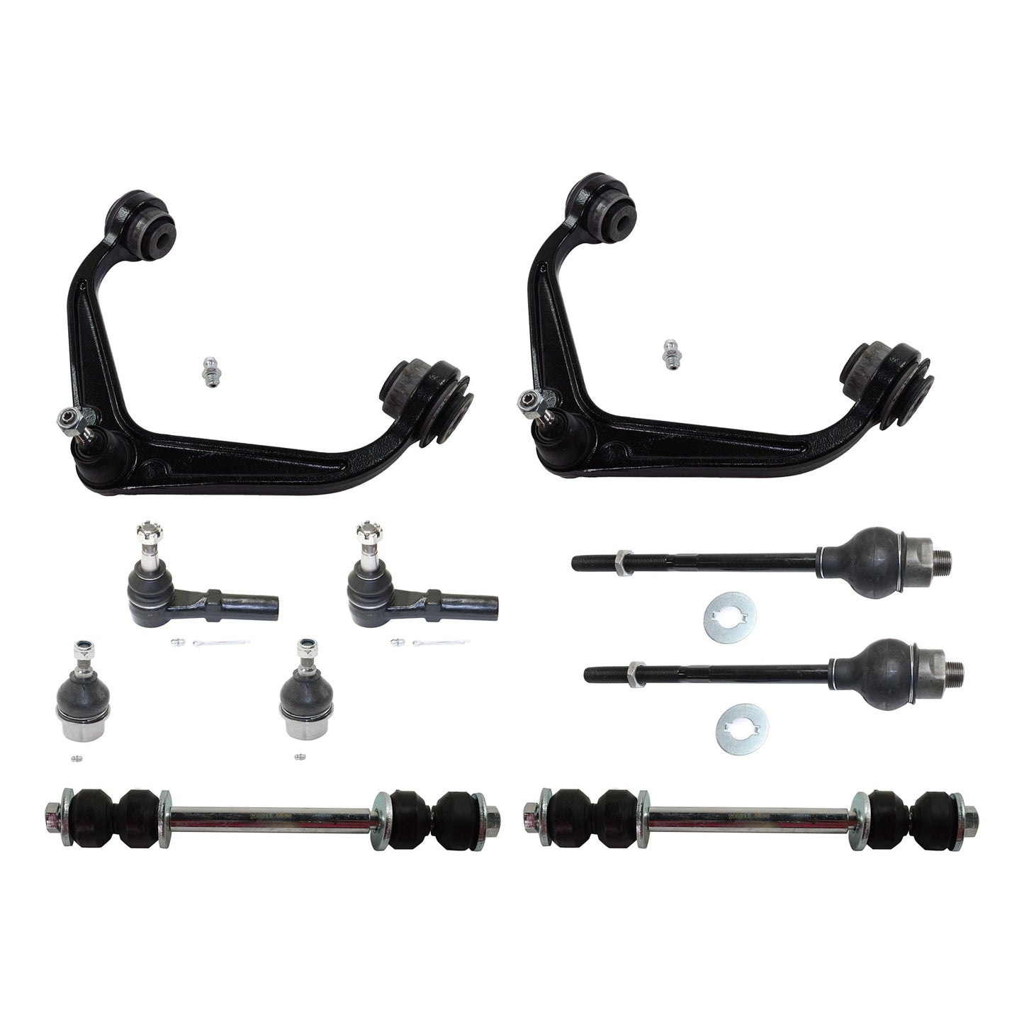 10-Piece Kit Front, Driver and Passenger Side, Upper Control Arm Kit, Includes (2) Control Arm, (2) Ball Joint, (4) Tie Rod End and (2) Sway Bar Link