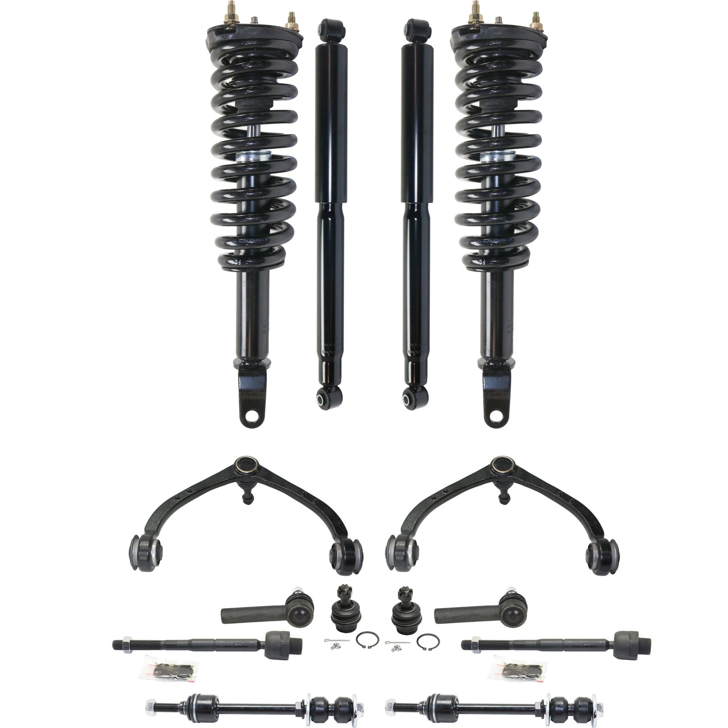 14-Piece Kit Front, Driver and Passenger Side, Upper Control Arm Kit, Includes (2) Sway Bar Link, (2) Control Arm, (2) Ball Joint, (4) Tie Rod End and (4) Shock Absorber and Strut Assembly
