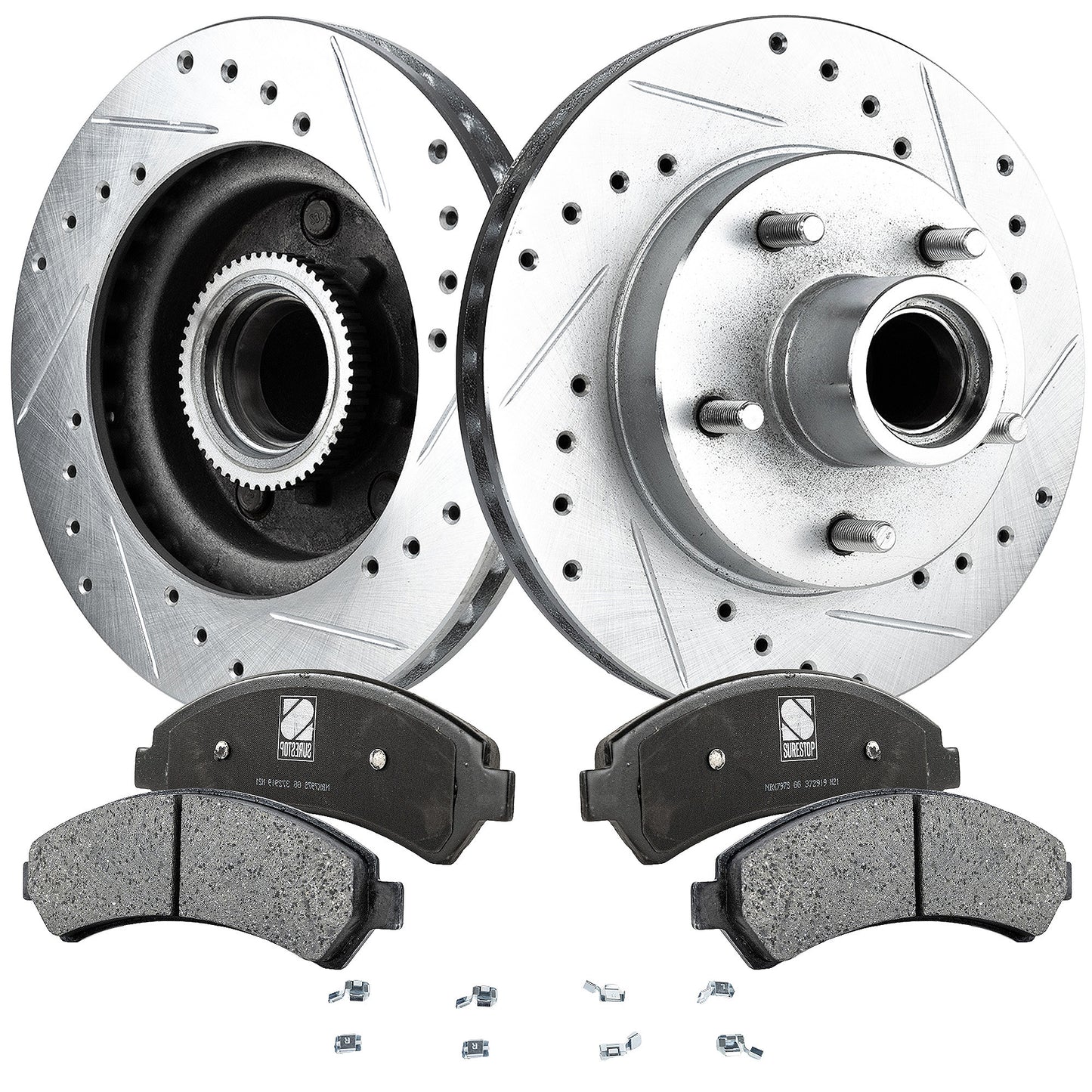 2-Wheel Set Front Brake Disc and Pad Kit, Cross-drilled and Slotted 5 Lugs 266.7 mm Ceramic RWD Pro-Line Series, Includes (1) Brake Pad Set and (2) Brake Disc