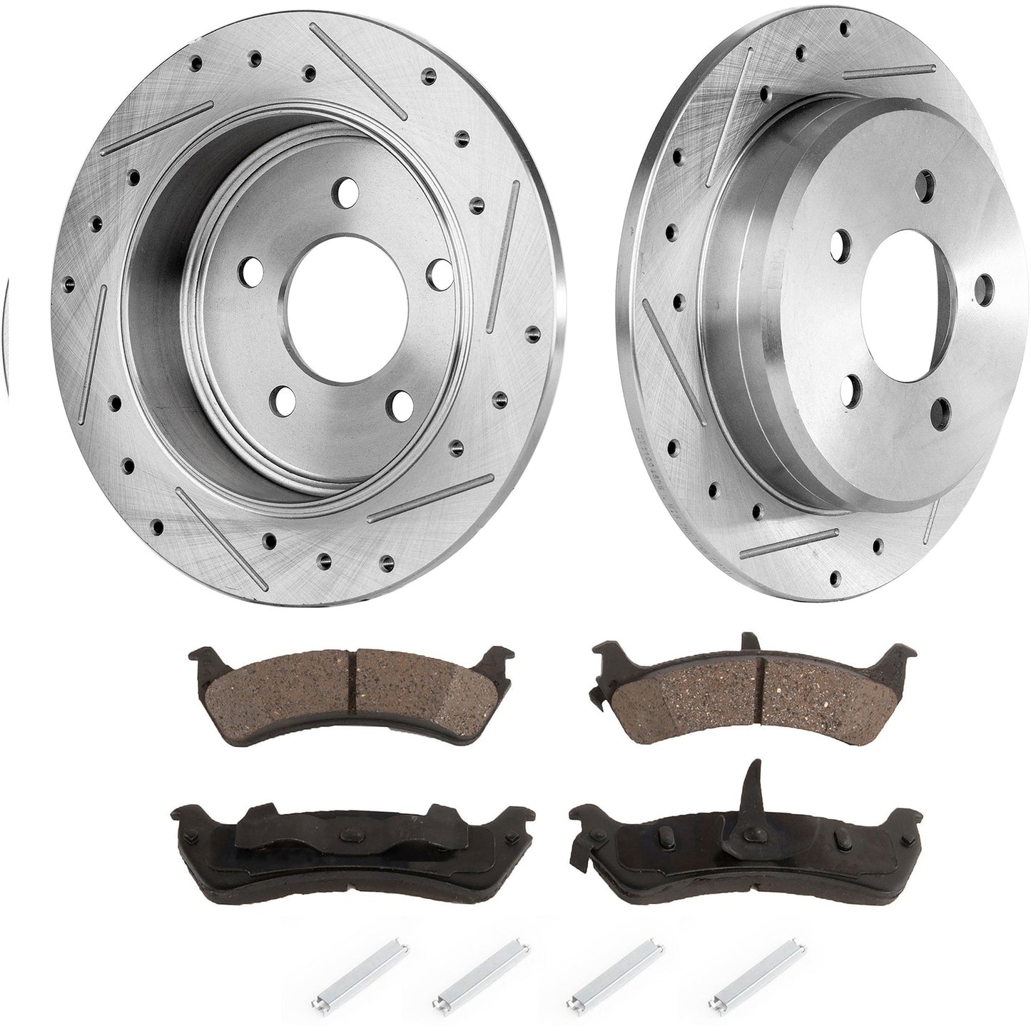 2-Wheel Set Rear Brake Disc and Pad Kit, Cross-drilled and Slotted 5 Lugs 284.48 mm Ceramic Pro-Line Series, Includes (1) Brake Disc and (1) Brake Pad Set