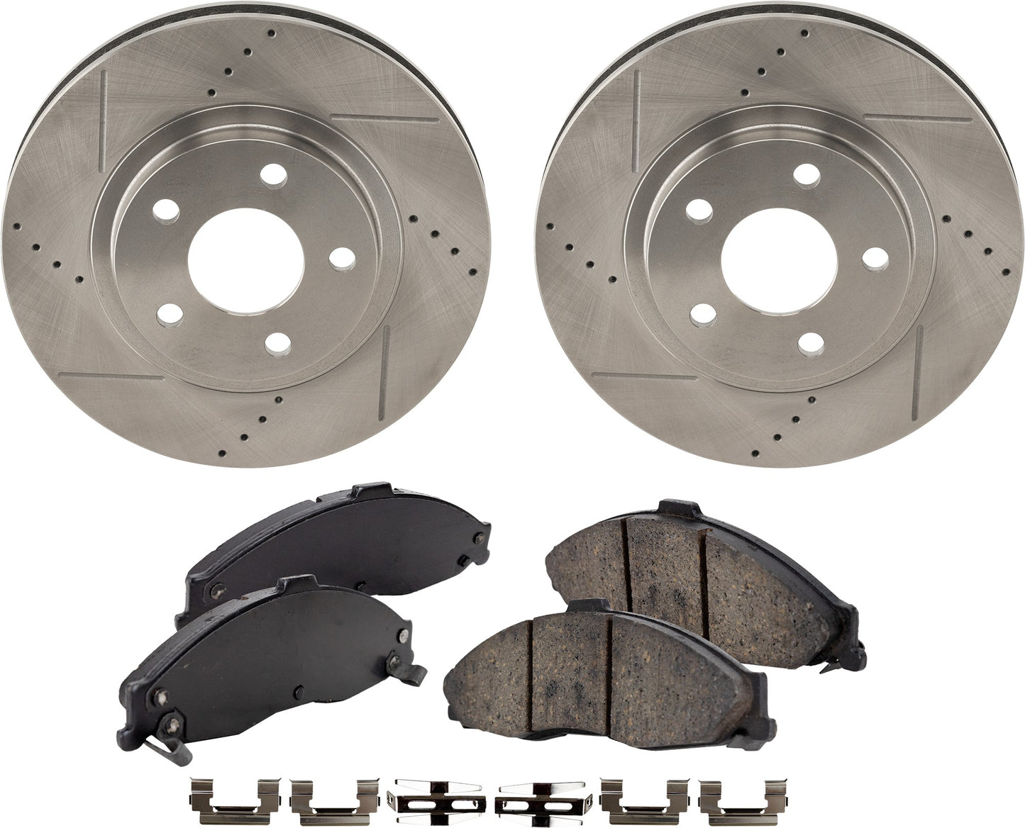 2-Wheel Set Front Brake Disc and Pad Kit, Cross-drilled and Slotted 302.6 mm Ceramic Pro-Line Series, Includes (1) Brake Pad Set and (2) Brake Disc