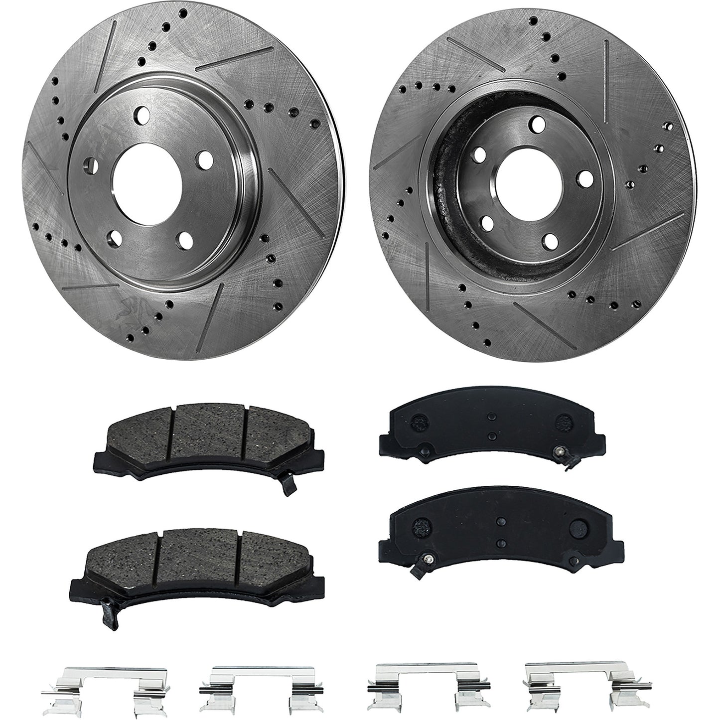 2-Wheel Set Front Brake Disc and Pad Kit, Cross-drilled and Slotted 303 mm Ceramic Pro-Line Series, Includes (1) Brake Pad Set and (2) Brake Disc