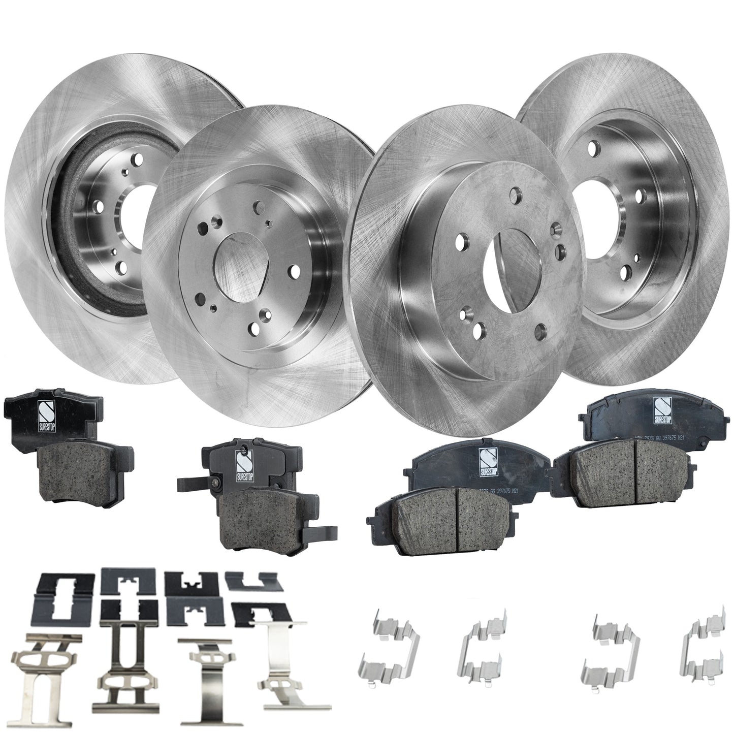 4-Wheel Set Front and Rear Brake Disc and Pad Kit, Plain Surface 5 Lugs Front-299.97 mm/Rear-259.59 mm Ceramic Pro-Line Series, Includes (2) Brake Pad Set and (4) Brake Disc