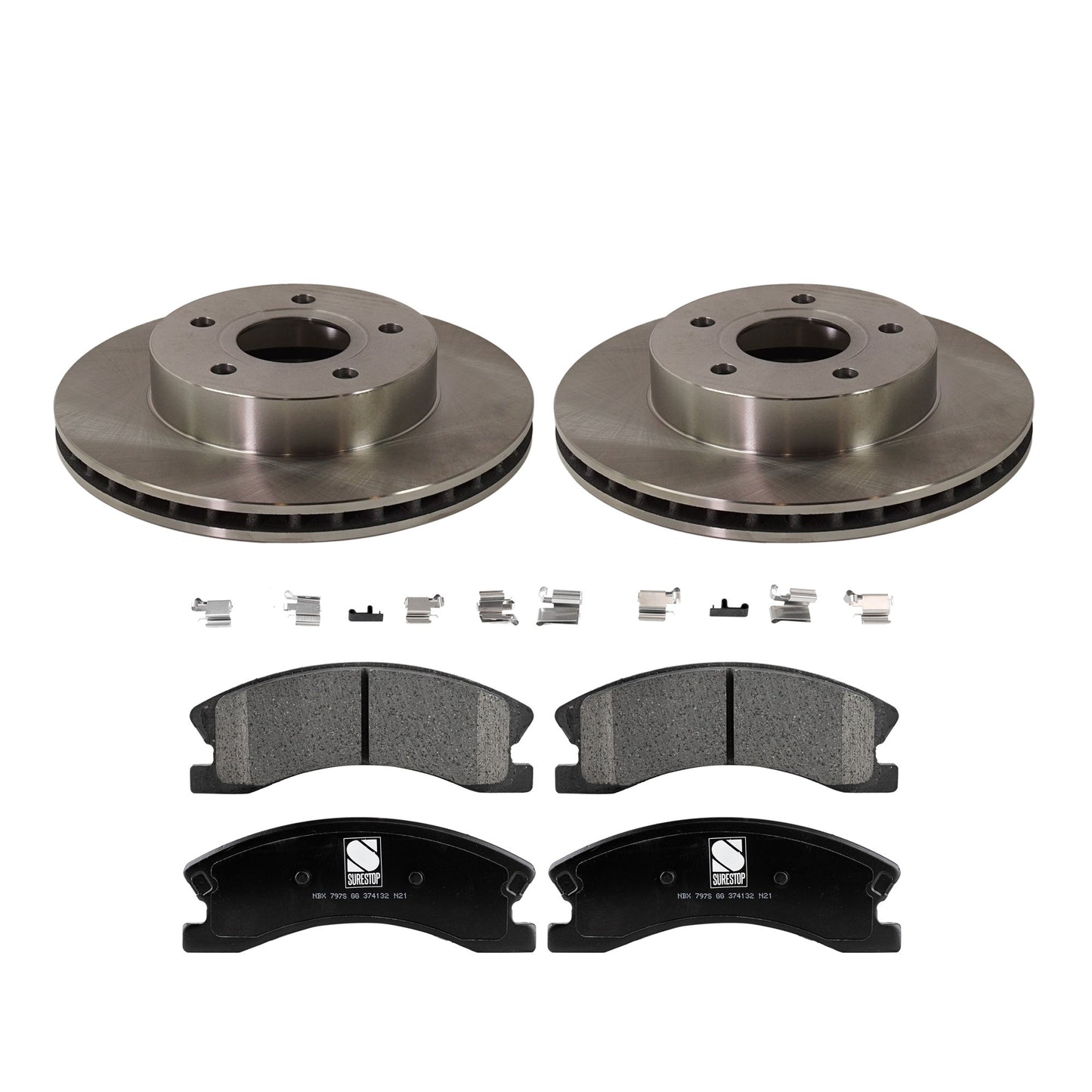 2-Wheel Set Front Brake Disc and Pad Kit, Plain Surface 5 Lugs 305.05 mm Ceramic Pro-Line Series, Includes (2) Brake Disc and (1) Brake Pad Set