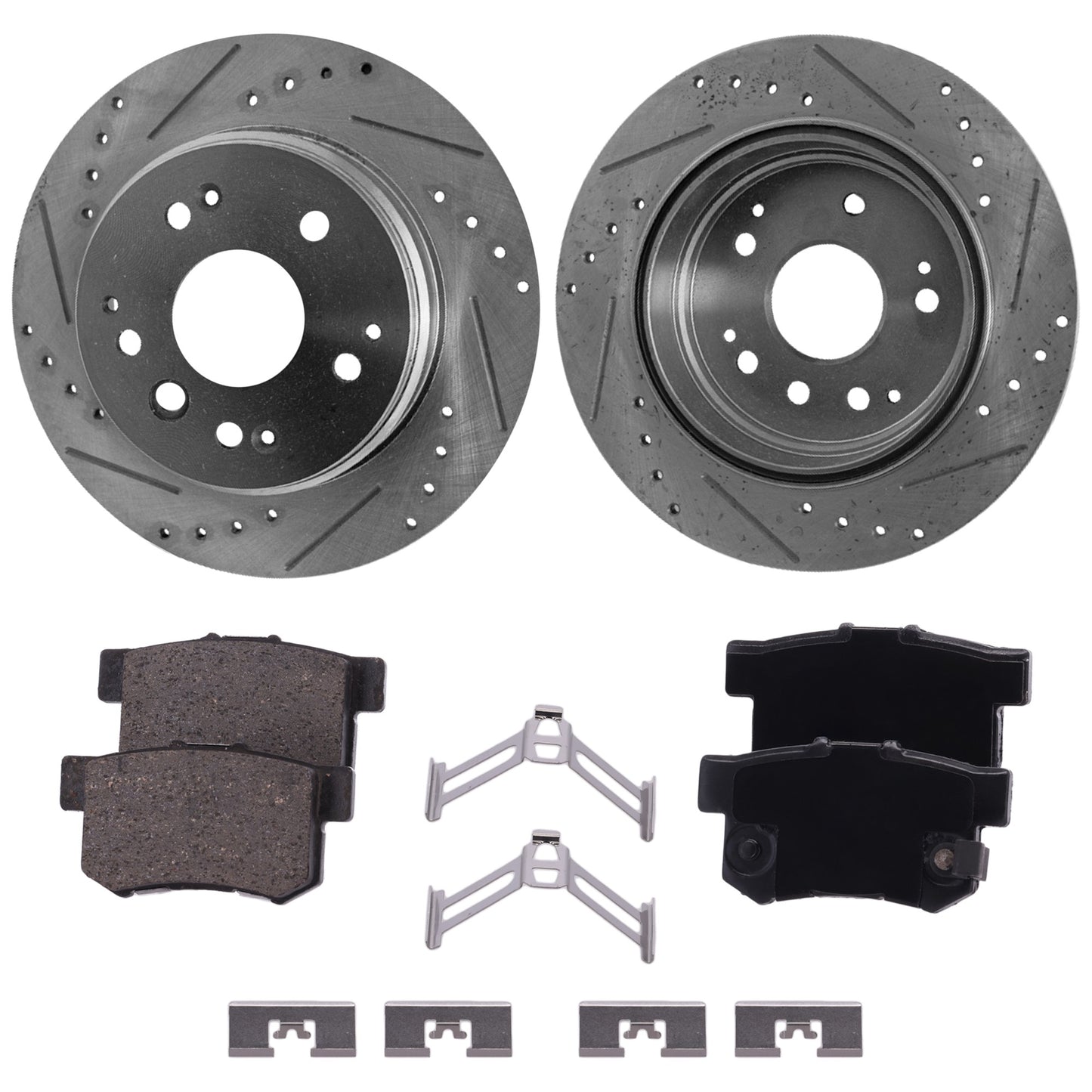 2-Wheel Set Rear Brake Disc and Pad Kit, Cross-drilled and Slotted 281.94 mm Ceramic Pro-Line Series, Includes (1) Brake Pad Set and (2) Brake Disc