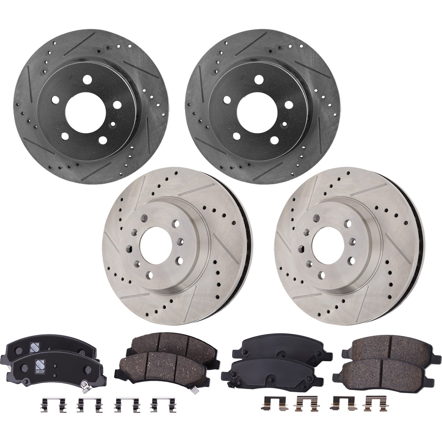 4-Wheel Set Front and Rear Brake Disc and Pad Kit, Cross-drilled and Slotted Front-303 mm/Rear-292 mm Ceramic Pro-Line Series, Includes (2) Brake Pad Set and (4) Brake Disc