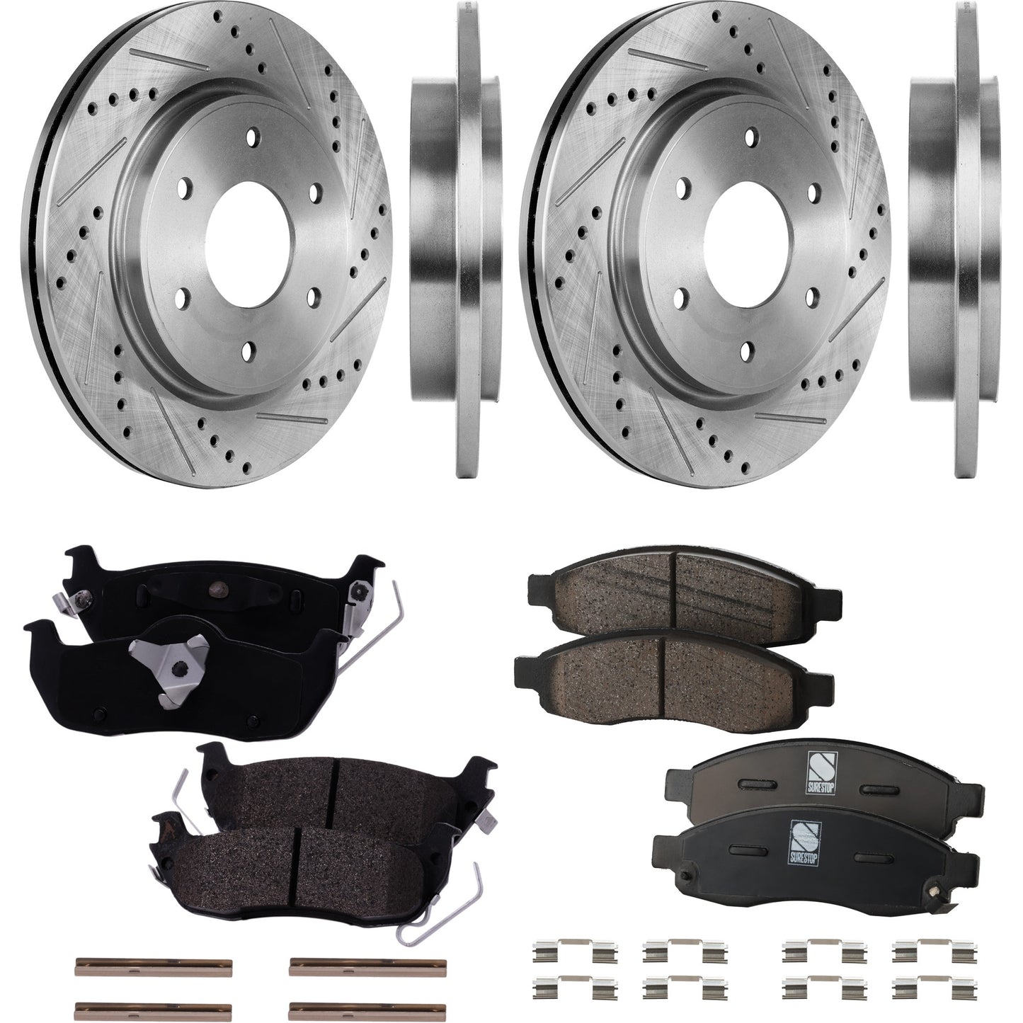 4-Wheel Set Front and Rear Brake Disc and Pad Kit, Cross-drilled and Slotted 6 Lugs Front and Rear-320.04 mm Front-Ceramic/Rear-Semi-Metallic Pro-Line Series, Includes (2) Pad Set and (4) Disc